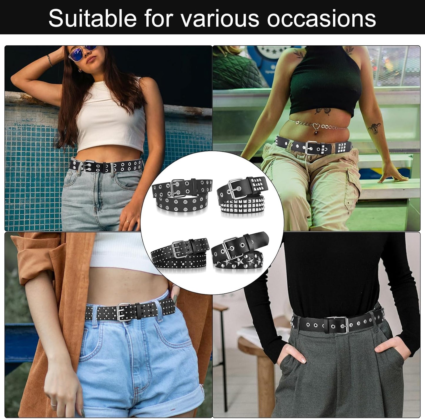 4 Piece Studded Rivet Double Grommet Belt Set - Faux Leather Gothic Goth Black - Punk Style Accessories for Men Women - Ideal Gift