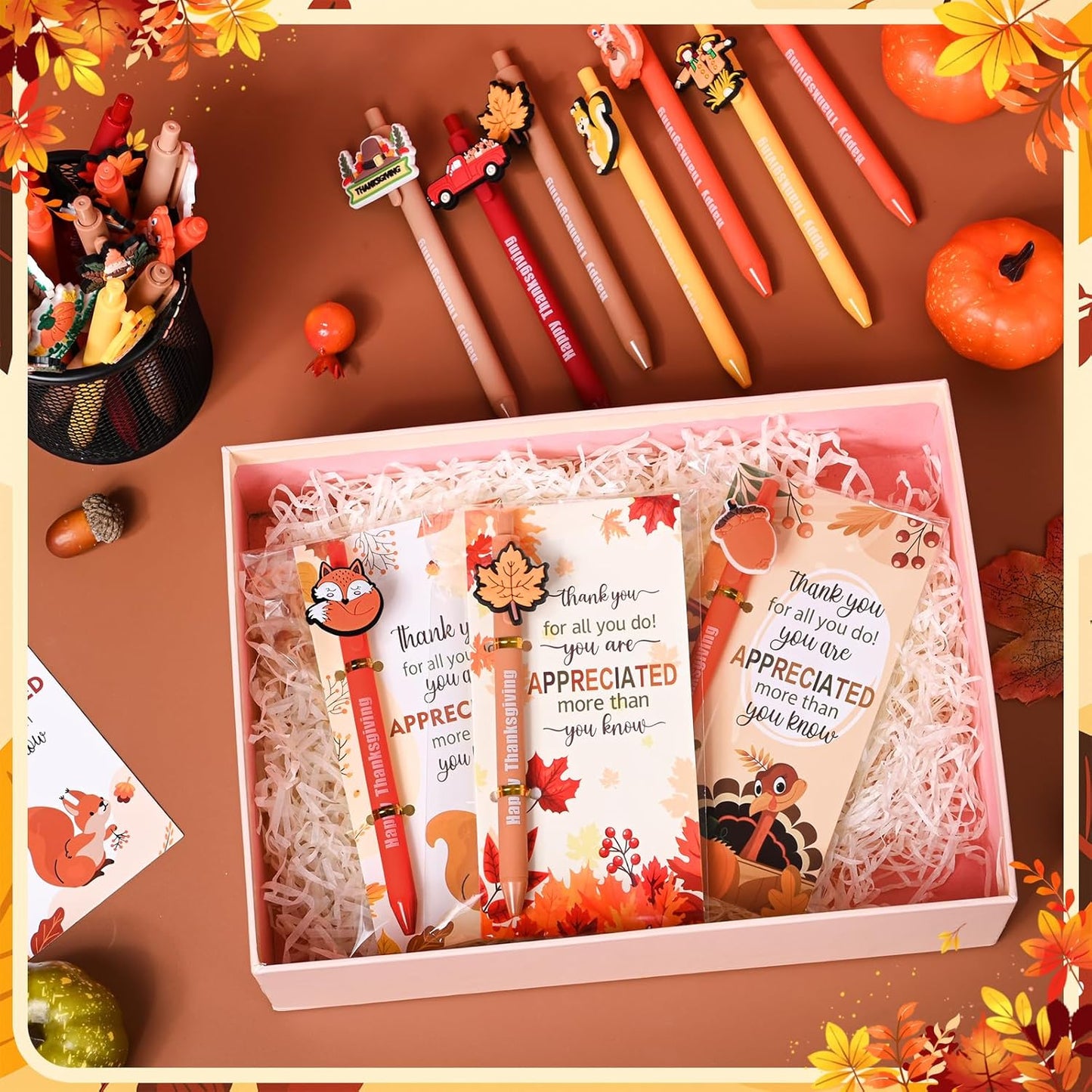 48 Pcs Thanksgiving Day Gifts Cute Fun Ballpoint Pens with Bookmark Kawaii Maple Leaves Pumpkins and Turkeys Shape Funny Pens Bulk for School Office Home Student Kids Present (Thanksgiving)