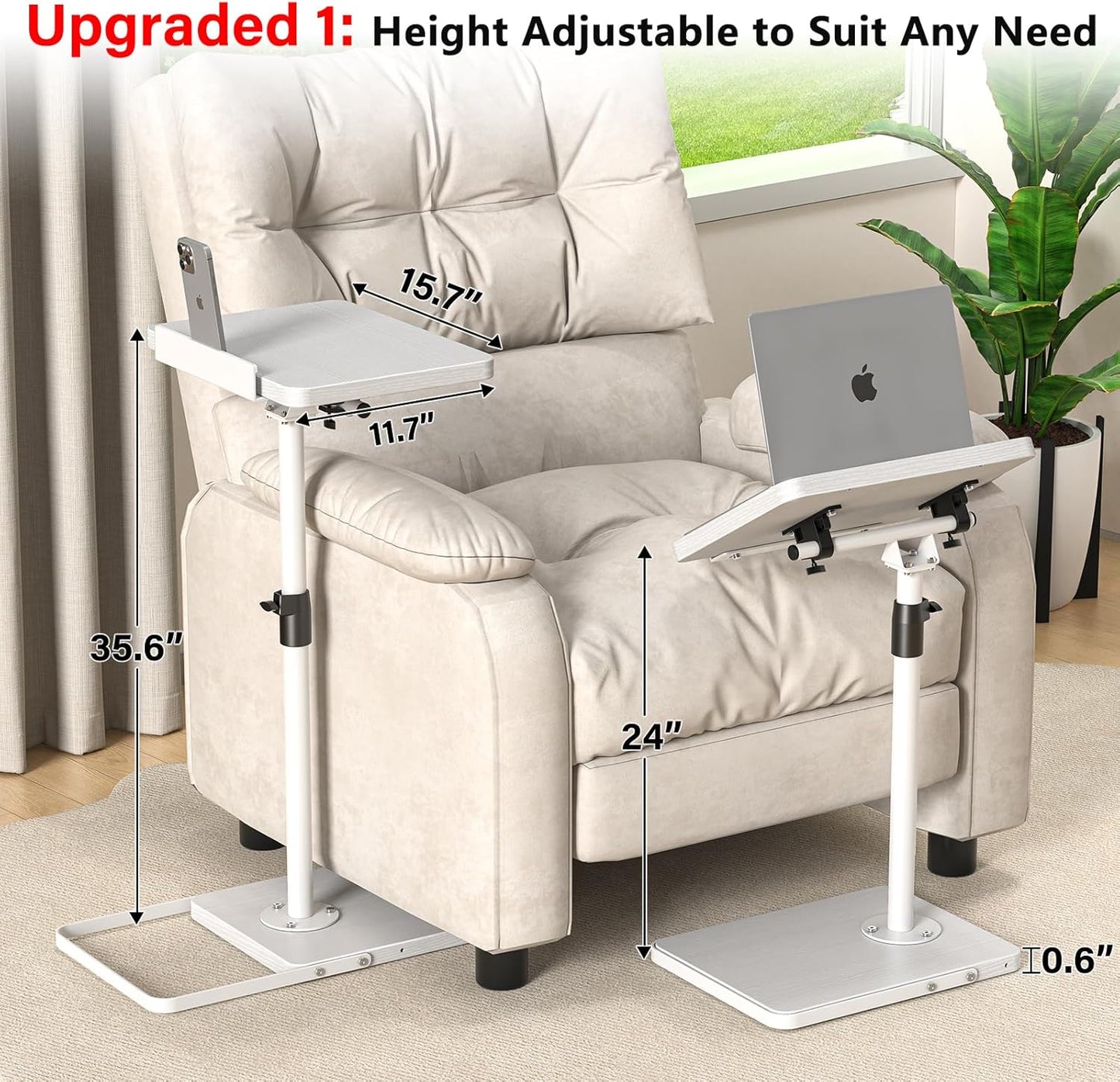 TV Tray Table for Couch, Height Adjustable/360° Swivel/180° Flip-Over Panel Design C-Shaped End Table, Sofa Arm End Side Table with Phone & Tablet Slot for Eating, Laptop,Couch Bed (White)