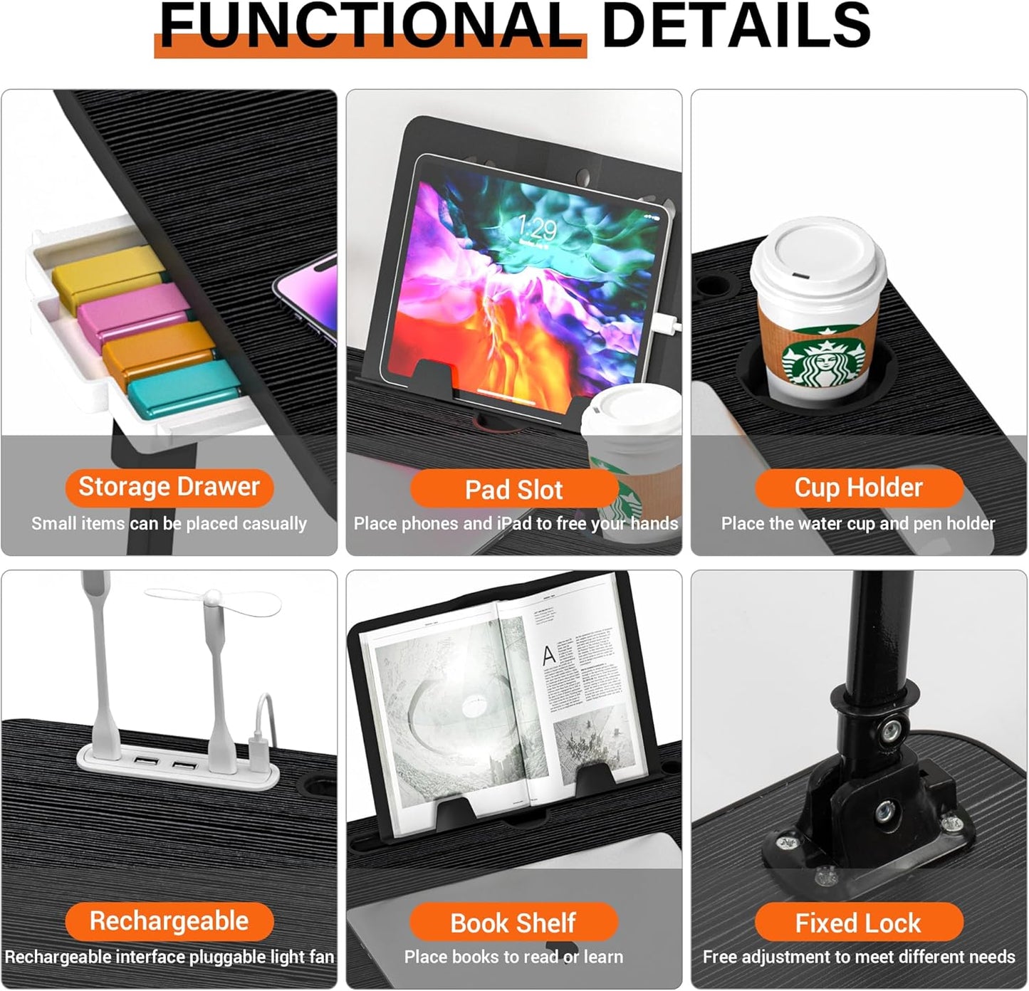 Laptop Desk for Bed Height Adjustable, Lap Bed Table with USB/Storage Drawer/Cup Holder/Tablet Stand/Book Shelf, Foldable Breakfast Tray Portable for Reading Writing, Sofa & Floor, Black