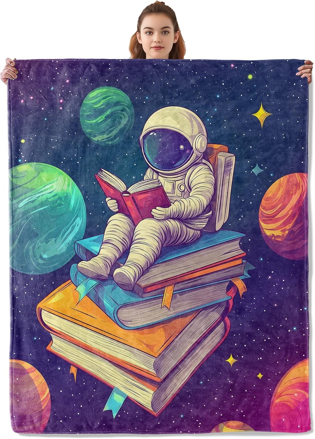 Space Reading Astronaut Blanket, Soft & Warm Flannel Throw - Cozy Lightweight Blankets for Travel, Decor, Bedroom, Office, Sofa for Adults Kids - Ideal for All Seasons 60"×50"