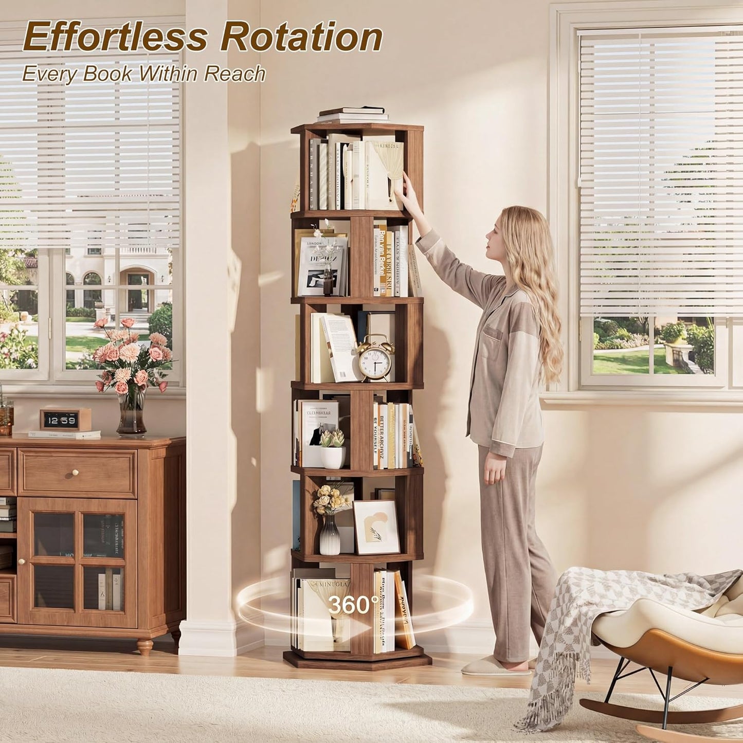 Rotating Bookshelf Tower, 6 Tier Spinning Book Shelf, Wood Round Revolving Bookcase, Narrow Rolling Bookshelves, Vertical Book Storage for Corner Small Spaces, Bedroom, Living Room,Walnut