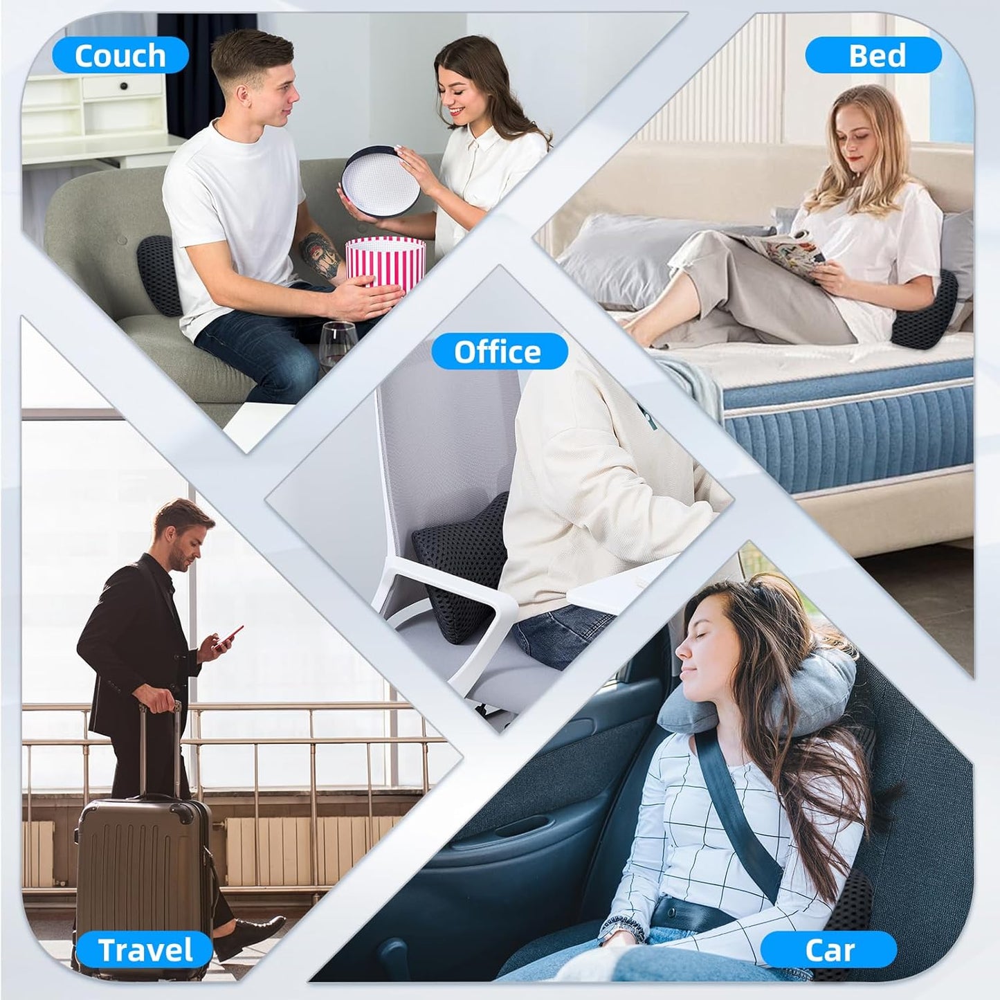 Lumbar Pillow, 2 Pack Memory Foam Lumbar Support Pillow for Office Chair and Car Seat, Ergonomic Streamline Back Pillow for Lower Back Pain Relief, Back Support Pillow for Sitting, Driving, Traveling