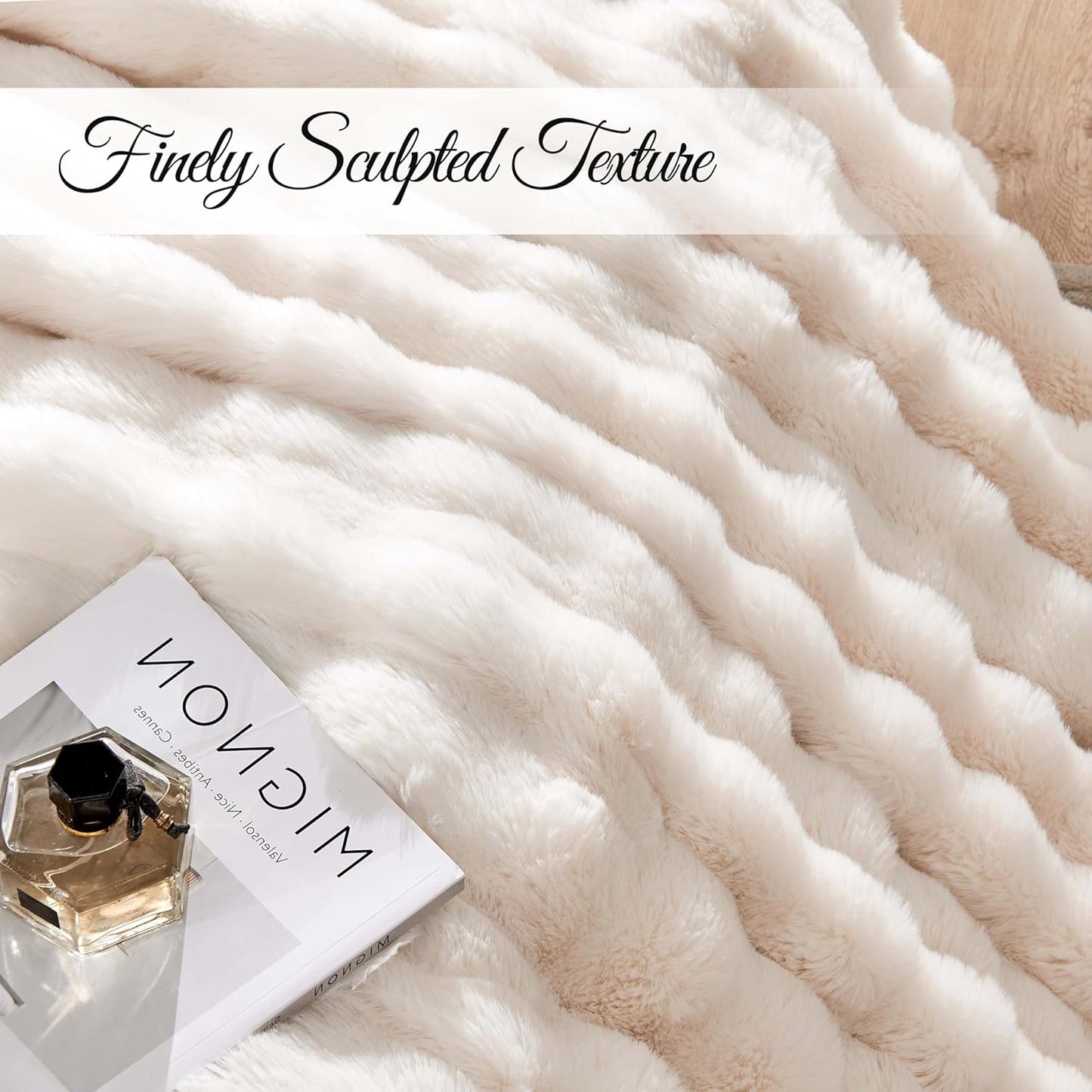 Luxury Faux Rabbit Fur Throw Blanket, Soft Bubble Fluffy Blanket Cozy Fuzzy Throw Blankets for Bed Sofa Couch, Decorative Thick Warm Plush Fuzzy Elegant Soft Mink Blanket (50" x 60",Cream White)