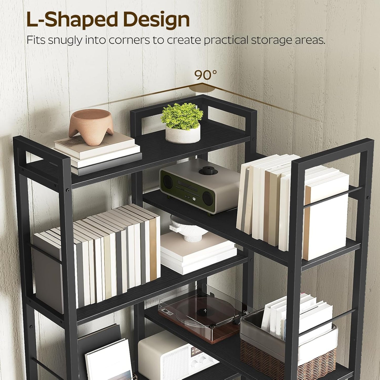 Corner Bookshelf, 7 Tier L-Shaped Bookcase with 3 Drawers, Storage Corner Shelf, Freestanding Tall Display Shelf, Industrial Style, for Living Room, Home Office, Black SJ10BB