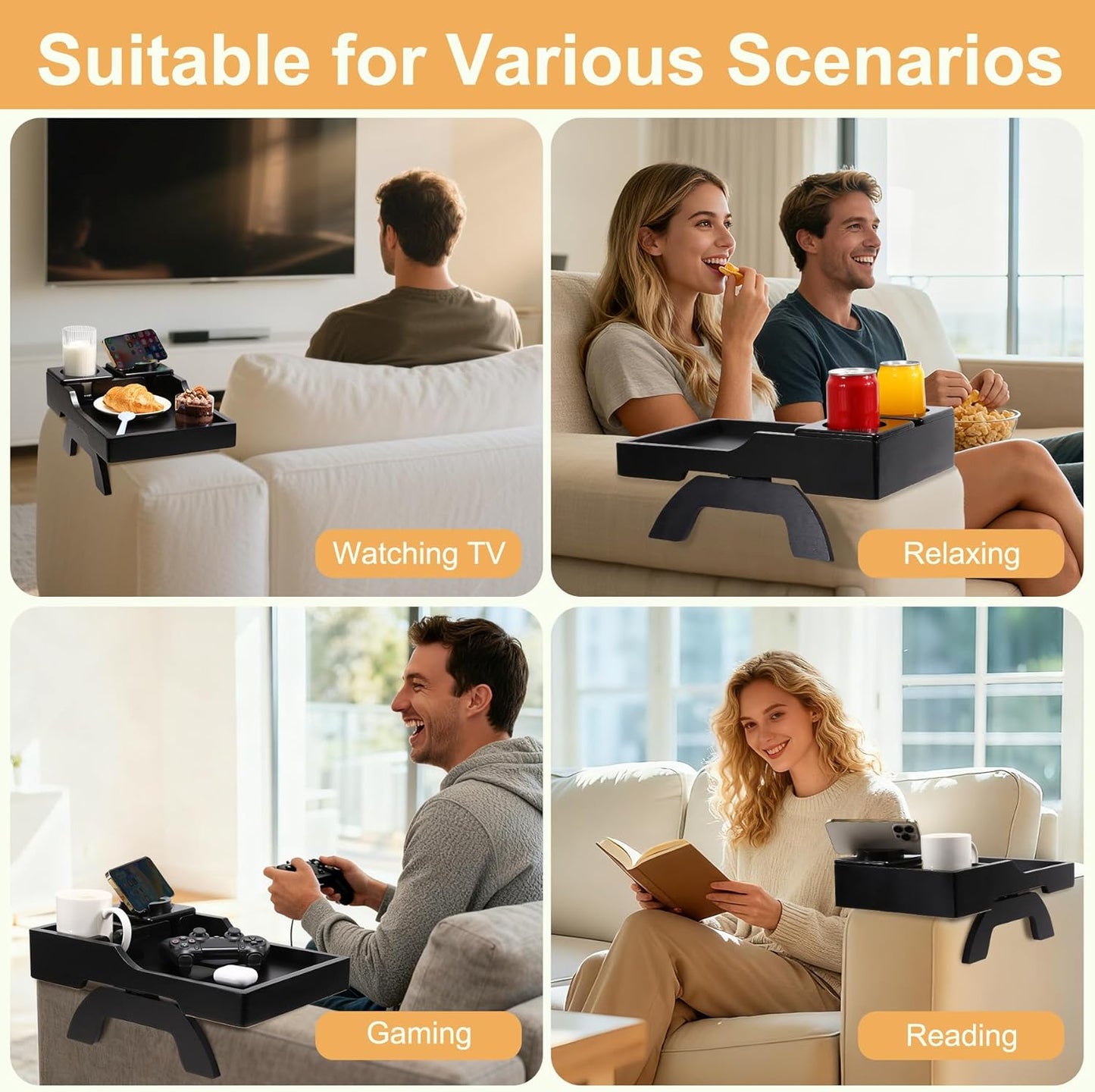 Sofa Arm Tray Table, 4-in-1 Large Couch Armrest Table with Cup Holder & Rotating Phone Bracket, 15.3" x 9.8" Clip-on Couch Tray, for Snacks/Remote Control/Coffee Cup/Mobile Phone
