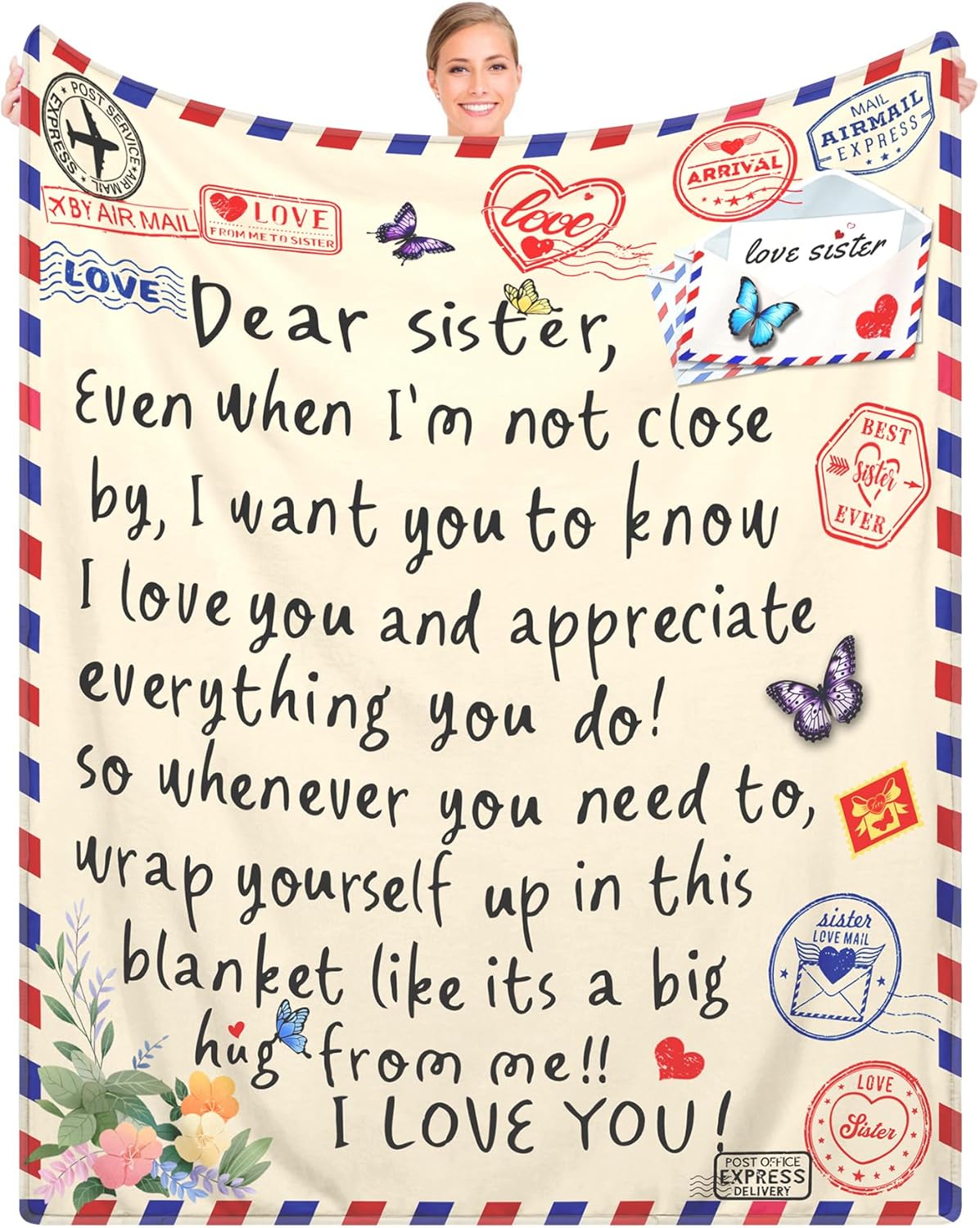Sister Gifts Throw Blanket for Sisters Mother's Day,Sister Birthday Gifts,Super Soft Flannel Love Present A Letter Blankets with Butterfly 52"x60" for Christmas,Valentines Day,Bed,Couch