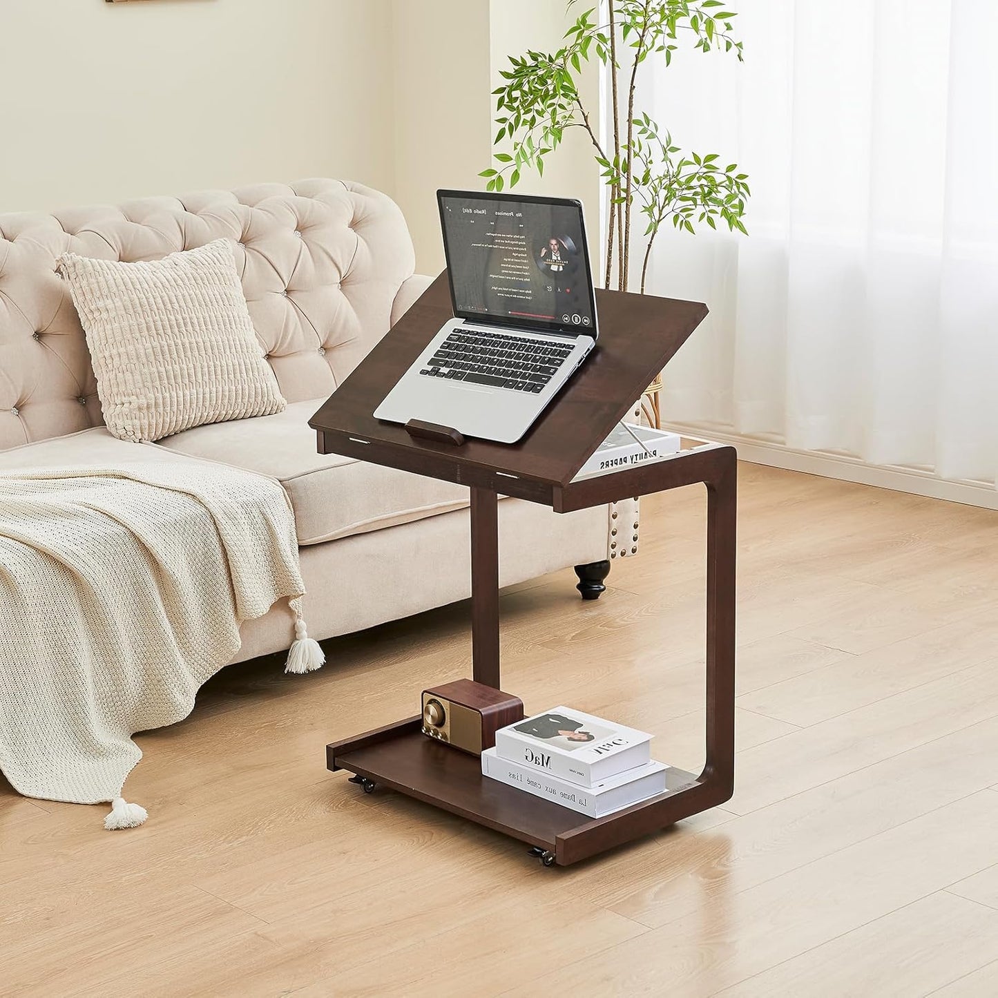 C Shaped End Table with Wheels - Solid Wood Rolling C Shape Small Side Table for Couch, Wooden Tv Tray Bedside Tables for Sofa Living Room Bedroom, Brown, 15.4 in x 23.6 in x 24.8 in