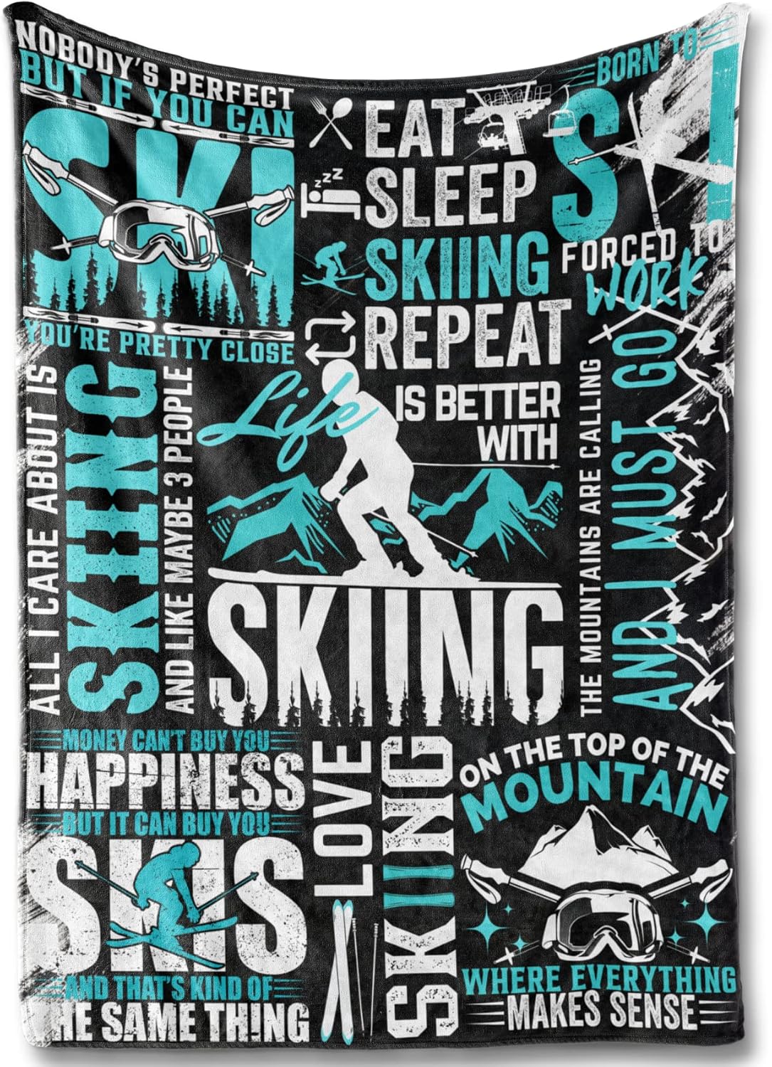 Flannel Plush Blanket, Unique Ski Design - Throw Blanket Gifts for Skier - Quotes About Ski - 50"x 65"