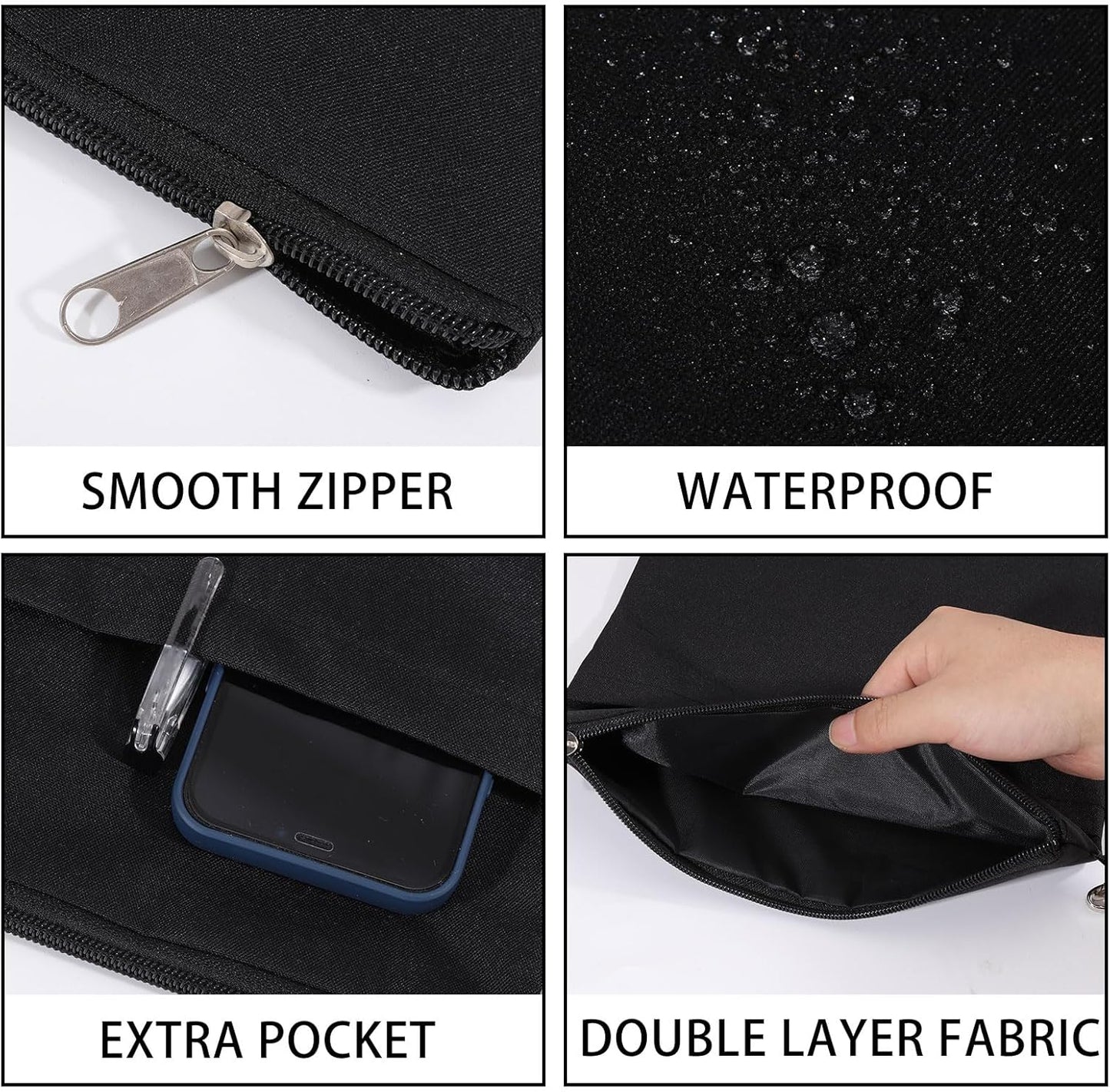 GLOBLELAND Black Waterproof Book Cover Bag with Zipper Hnadle for Book Lovers 12"x9.5" Canvas Paperback Cover Travel Book Pouch Protector with Front Pocket for Paperbacks Hardcover Books Gifts