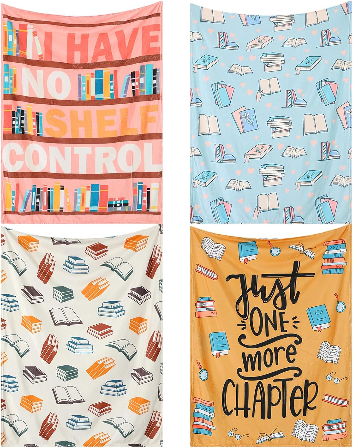 VitalCozy 4 Pack Book Throw Blankets for Teens Adult Soft Fleece Flannel Couch Blankets Birthday Gifts for Book Lovers Bookish Librarians, 40''x50''