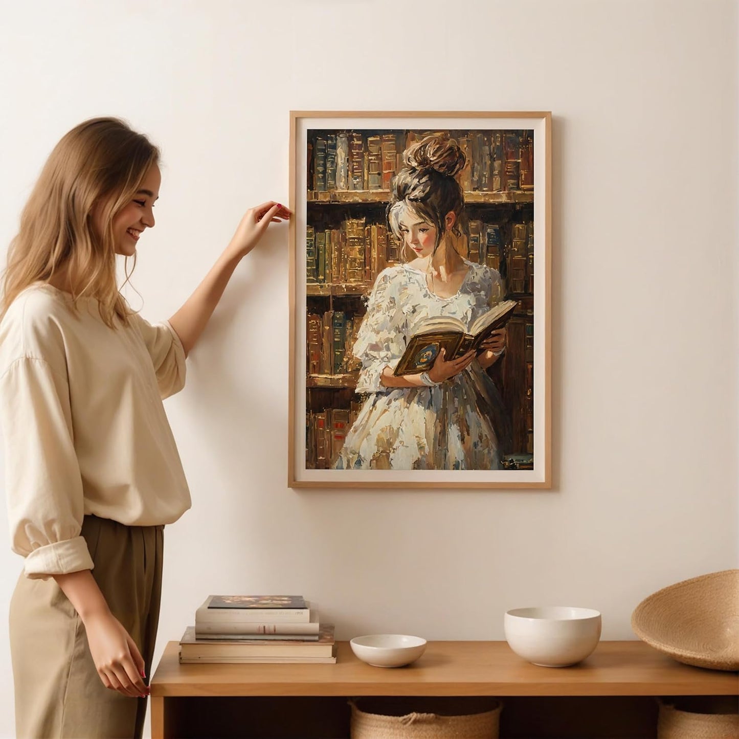Aozomo Woman in Library Oil Painting Wall Art Vintage Style Oil Painting Canvas Print Female Portrait Oil Painting Pictures Prints Wall Decor Aesthetic Poster (12x18in,A-Unframed)