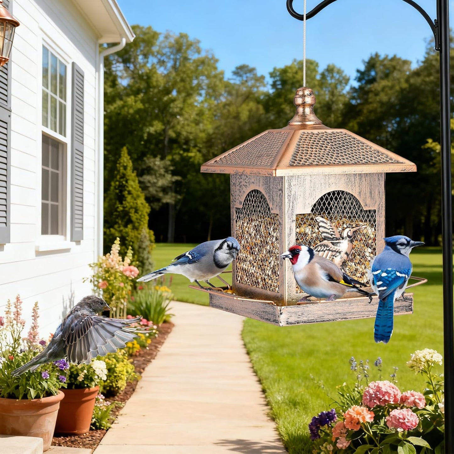 LBTING Bird Feeder for Outside, Metal Square Lantern-Shaped Bird Feeder with Polka Dot Patterned Roof, Wild Bird Feeders for Hanging Outdoor Garden Yard