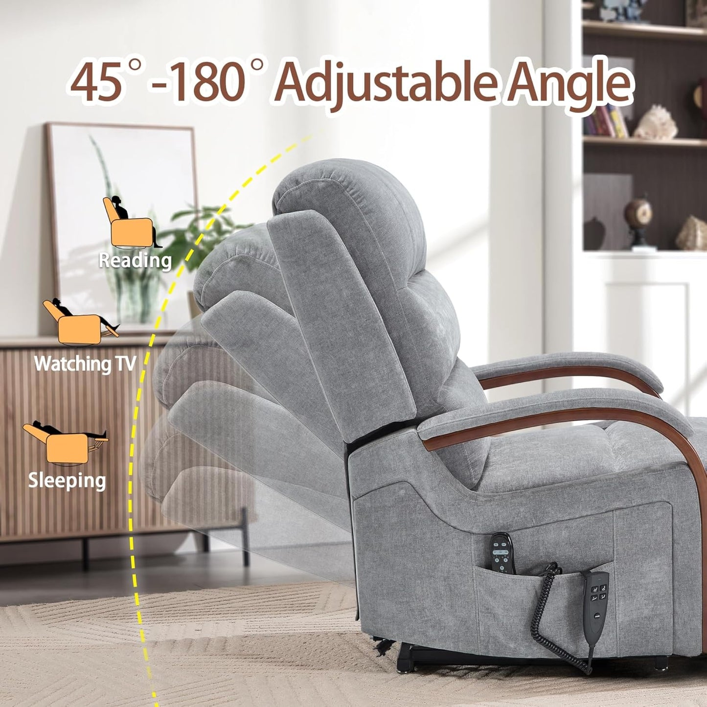 Oversized Power Lift Recliner Chair for Elderly, Dual Motor Electric Lift Chair Full Body Vibration Massage & Lumbar Heat, Solid Wood Armrests, Chenille Fabric Recliner Sofa with Lift Assist