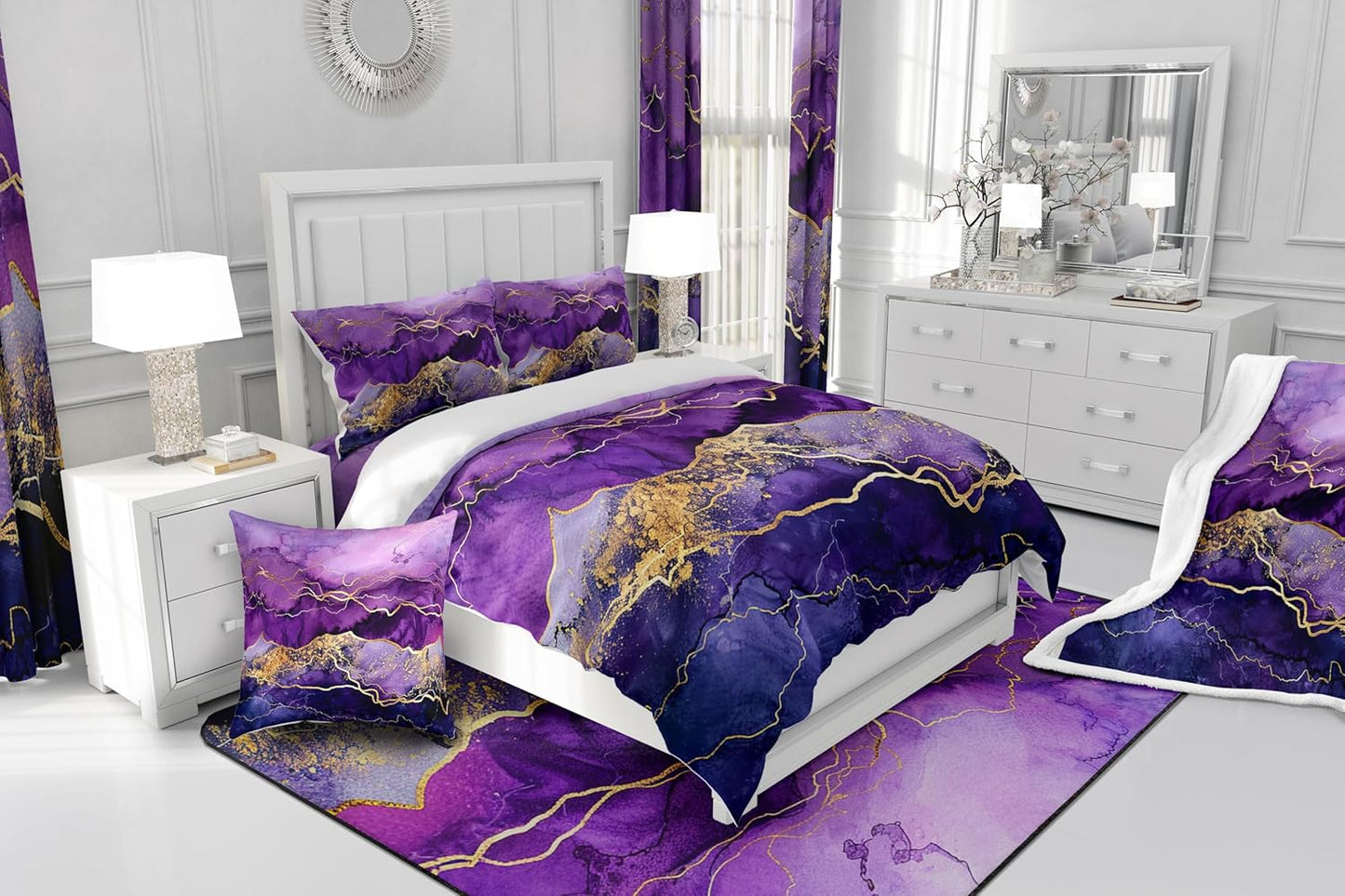 Feelyou Purple Gold Marble Fuzzy Blanket Queen 90"x90" Modern Marble Aesthetic Flannel Fleece Throw Blanket Retro Watercolor Artwork Design All Season Bed Blanket Abstract Plush Blanket