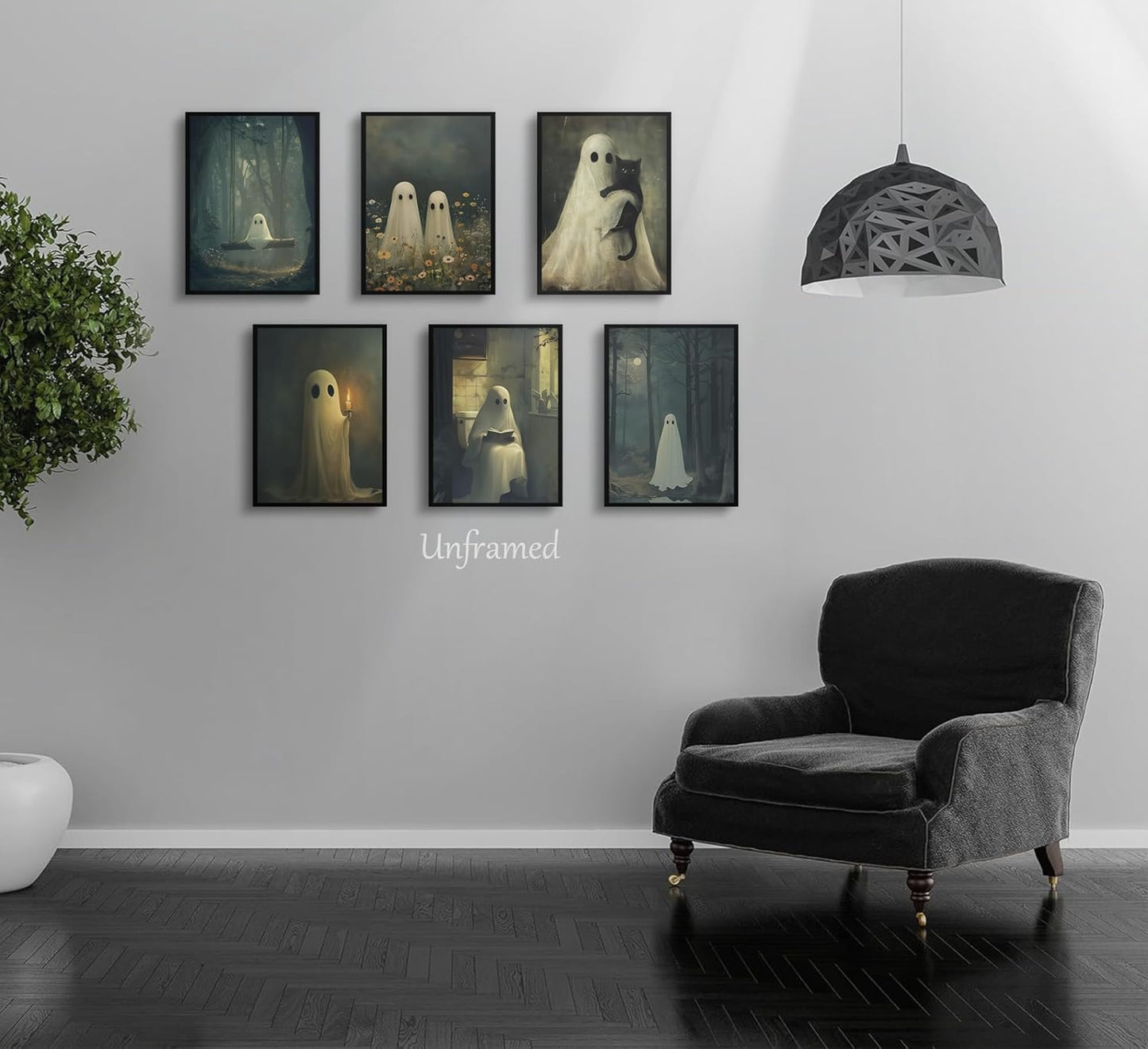 6Pcs Vintage Halloween Ghost Wall art Victorian Gothic Cute Candle Ghost Painting Picture Wall Decor Retro Horror Creepy Dark Academia Poster Print Artwork for Halloween Party Home Decoration