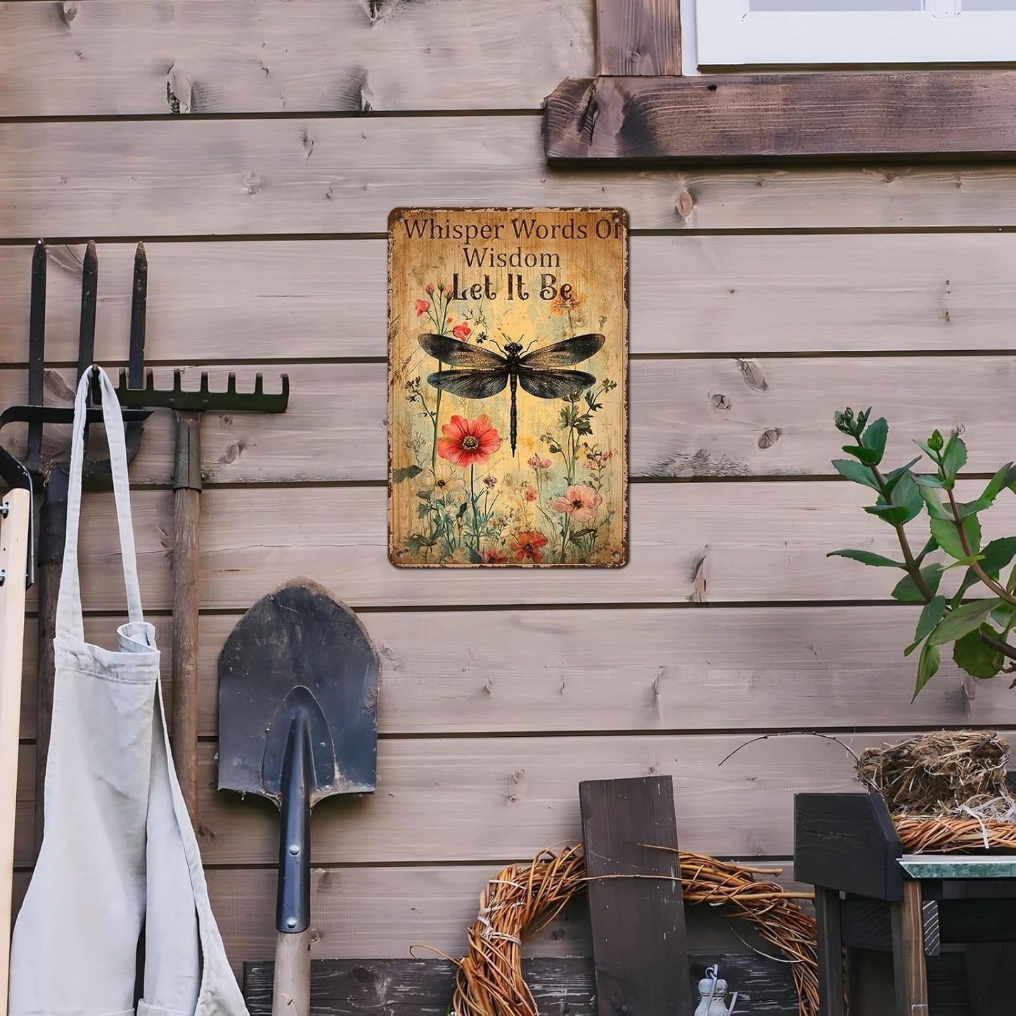 Dragonfly Tin Sign Plaque Tin Metal Plaque Vintage Dragonfly Art Whisper Words Of Wisdom Let It Be Wall Decor for Patio Garden Porch 12 * 8inch