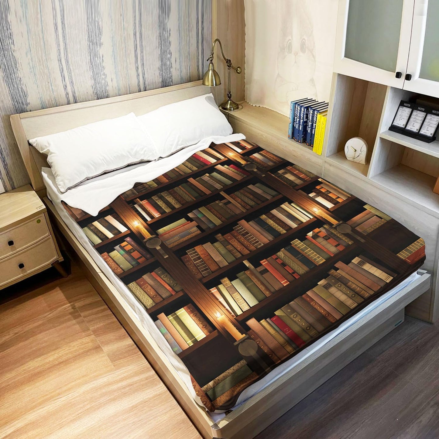 Blanket with Books on It, Soft Warm Fleece Throw Blankets for Book Lovers Gift Ideas, Vintage Library Bookshelf Candlelight, 40"x50"