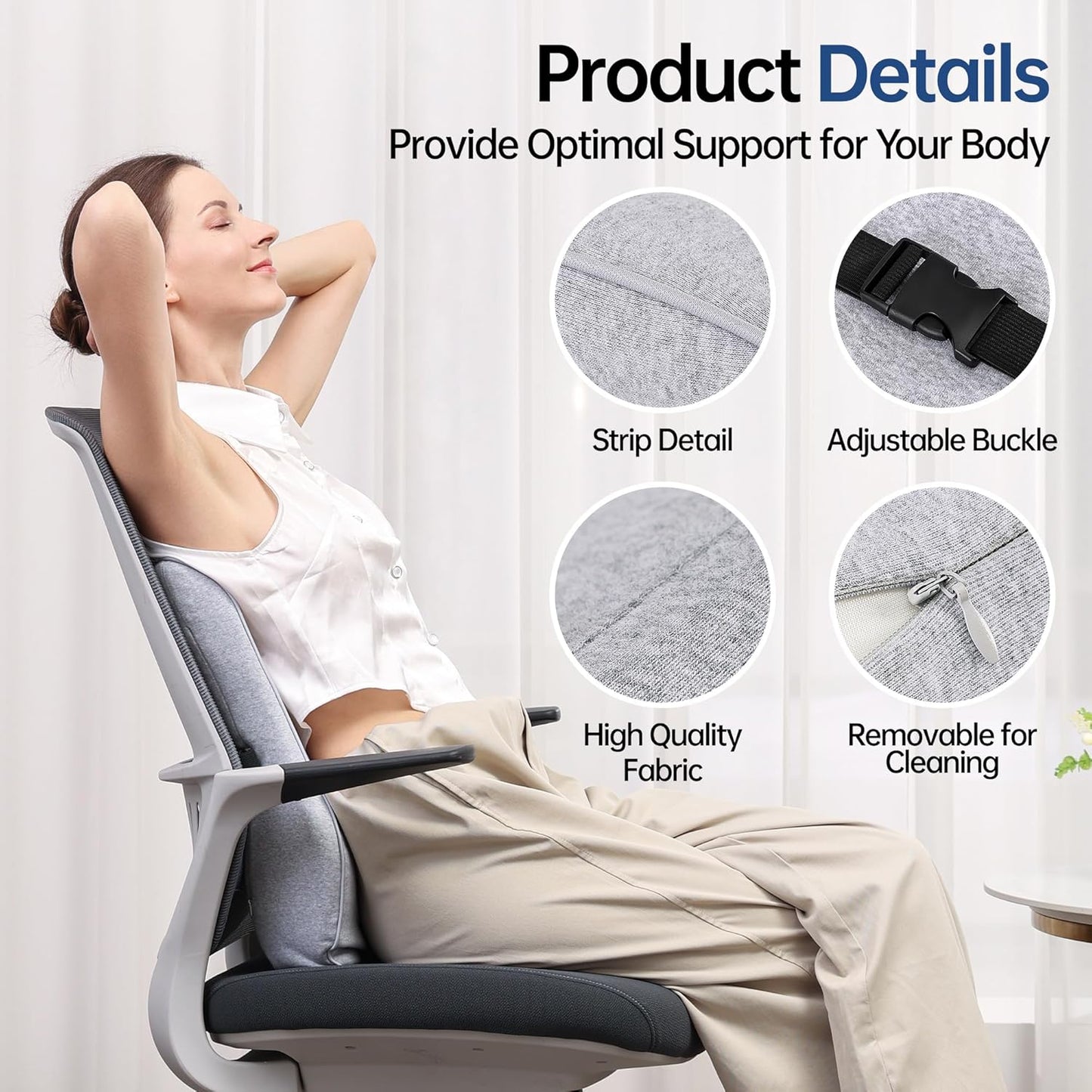 Lumbar Support Pillow for Office Chair, Back Support Pillow with Memory Foam, Relieves Back Pain, Removable Washable Cover & Adjustable Strap, for Car/Gaming Chair,Gift-Light Grey