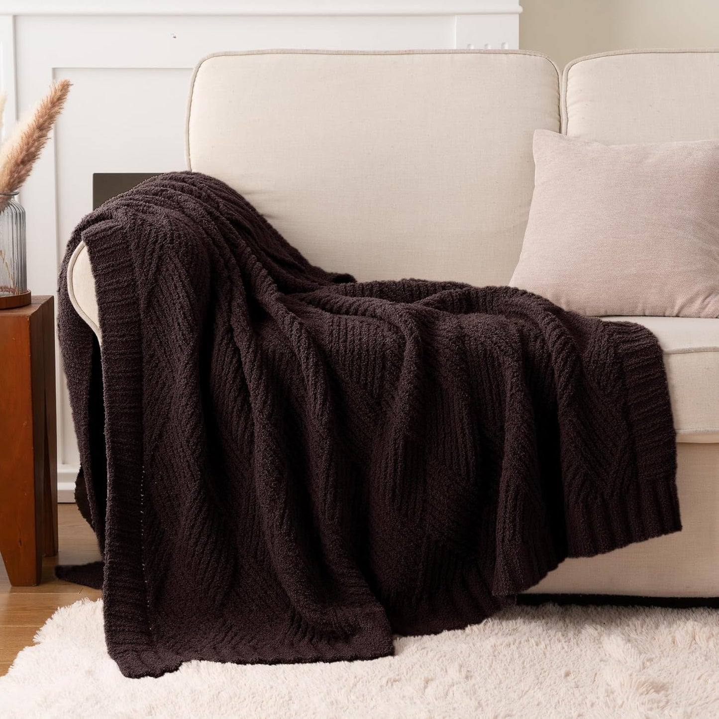 Battilo Brown Chenille Throw Blanket for Couch, Soft Diamond Textured Knit Blanket, Cozy Lightweight Decorative for Sofa, 50"x60"