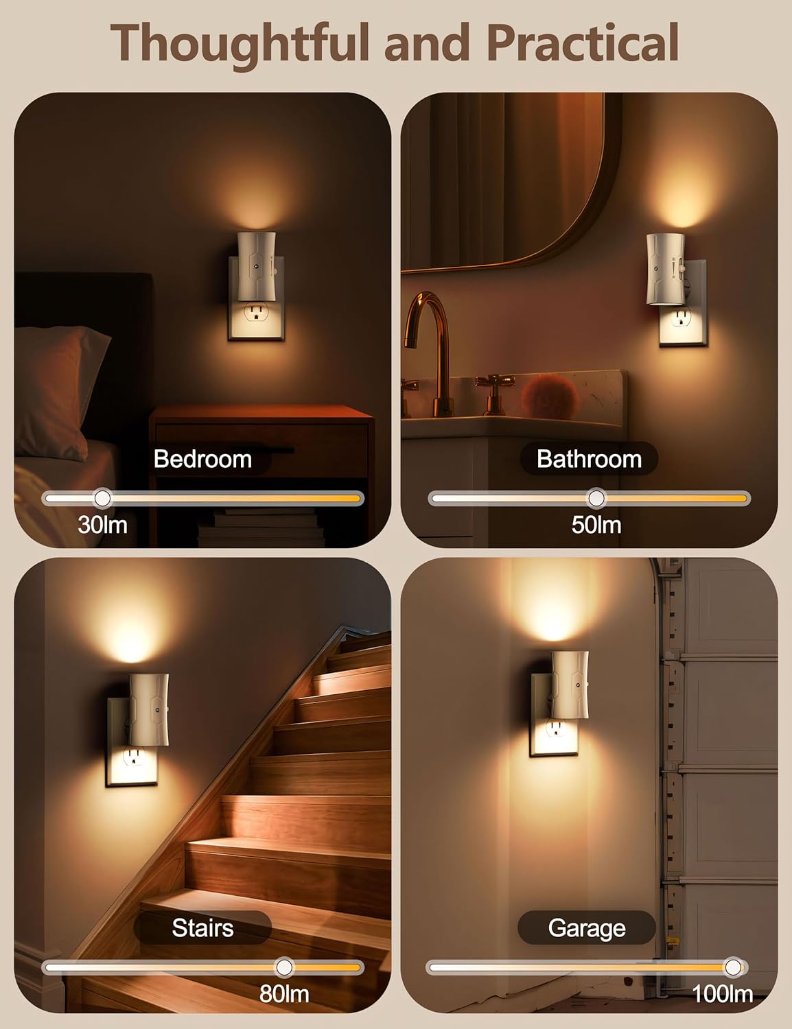 Night Light, LED Night Lights Plug into Wall, [2 Pack] Warm White 3000K, 0-100LM Adjustable Brightness Light Sensor Nightlights Plug in wall for Hallway, Bathroom, Adults, Neutral Beige