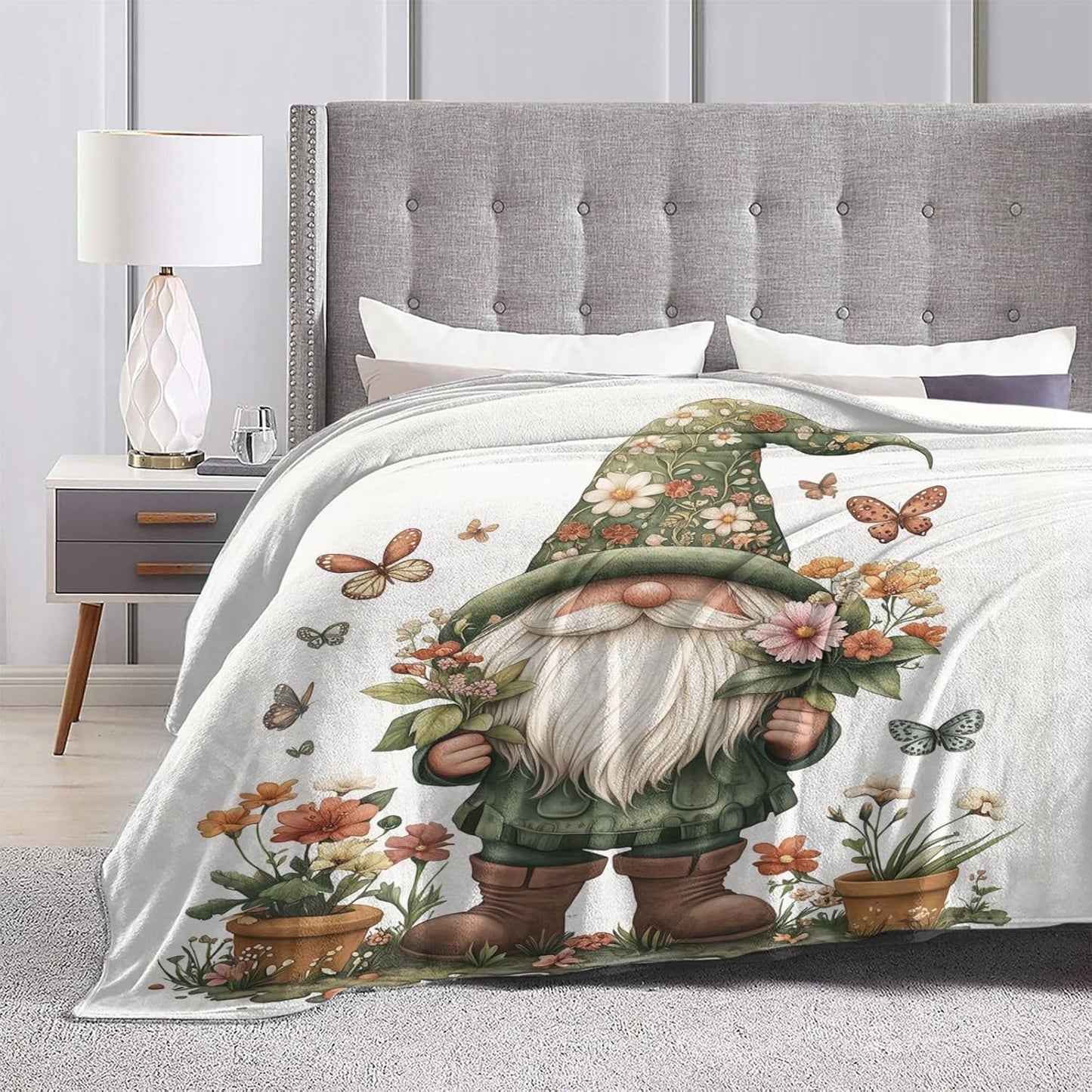 Gnome Flowers Blanket Floral Flannel Throw Blanket Lightweight Soft Warm Cozy Travel Blanket for Bed Couch Sofa Living Room Bedroom Gift for Women Men Girls Boys All Season 60"x50"
