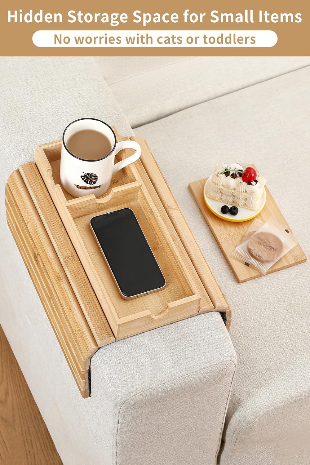 Sofa Arm Tray, Bamboo Large Couch Cup Holder with Hidden Storage, Sofa Armrest Tray Portable Anti-spill Beverage Snack Remote Holder