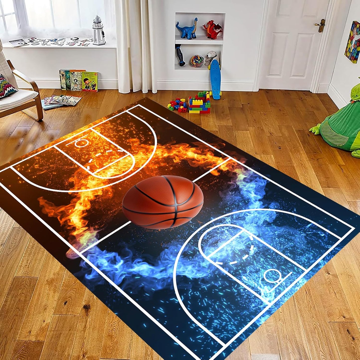 Basketball Rug for Boys Bedroom 3'x5' Non Slip Basketball Court Rugs,Fire Printed Sports Carpet for Living Room and Game Room Decor