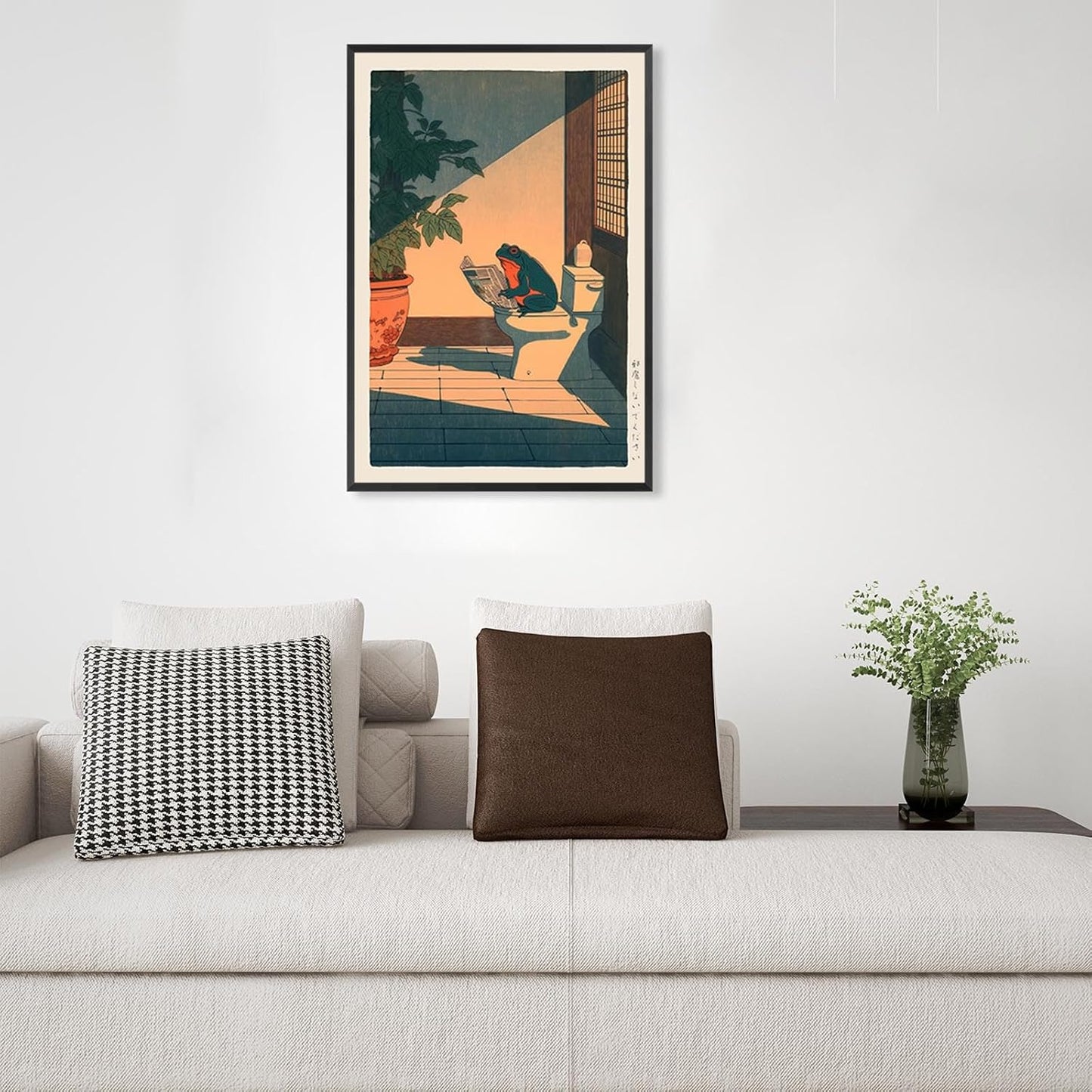 Vintage Frog Bathroom Canvas Wall Art Funny Frog Sitting On The Toilet Reading Newspaper Poster Cute Japan Animal Plants Aesthetic Prints For Home Dorm Toilet Wall Decor 12x16in Unframed