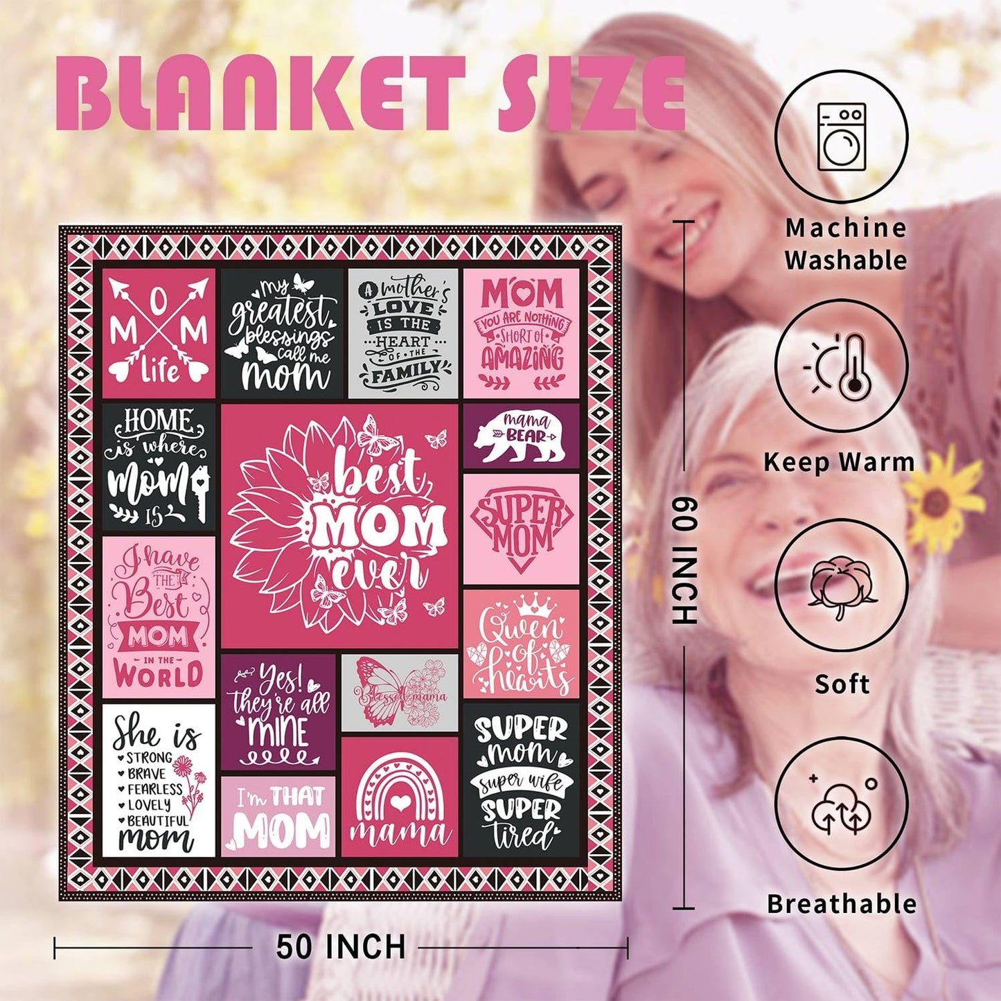 Best Mom Ever Blanket Gifts for Christmas Day, 60"X50" Mom from Daughter Son, Warm Soft Throw Blanket, Christmas,Valentine's Day