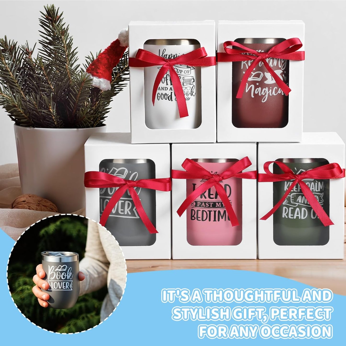 Sieral 12 Pcs Book Club Gift Valentine's Day Gift for Book Lovers Reading Cups Bulk 12 oz Double Wall Vacuum Insulated Literature Bookish Librarian Tumbler Mugs with Lid Translucent Box Red Ribbon