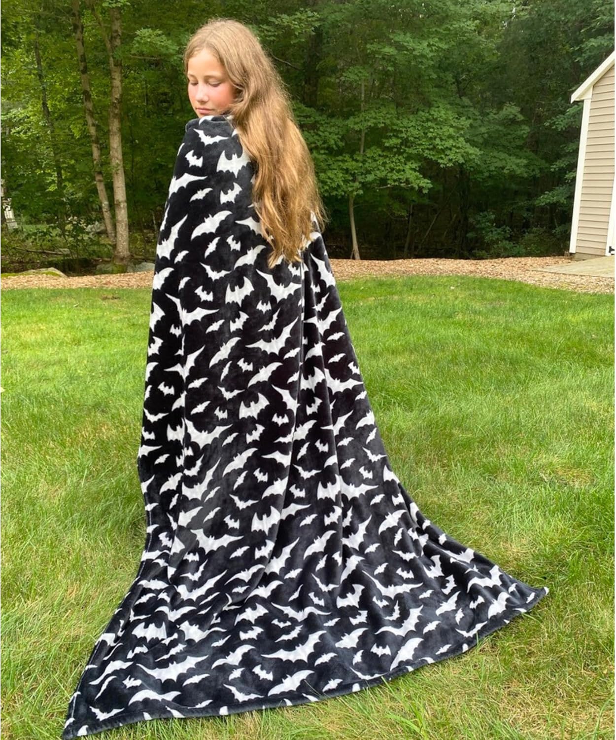 Spooky Halloween Throw Blanket for Couch or Sofa: Silver Night Bats on Black Design on Soft Velvet Fleece Oversized 50" x 70"