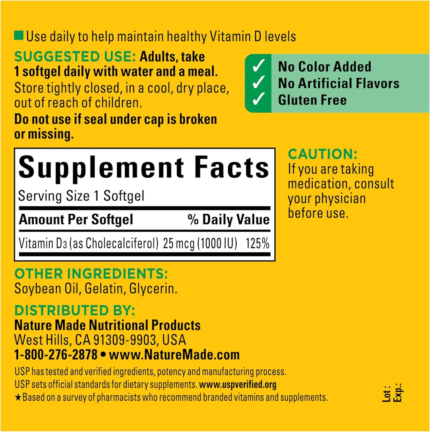 Nature Made Vitamin D3 1000 IU (25 mcg), Vitamin D Supplement for Bone, Teeth, Muscle and Immune Health Support, 300 Softgels, 300 Day Supply