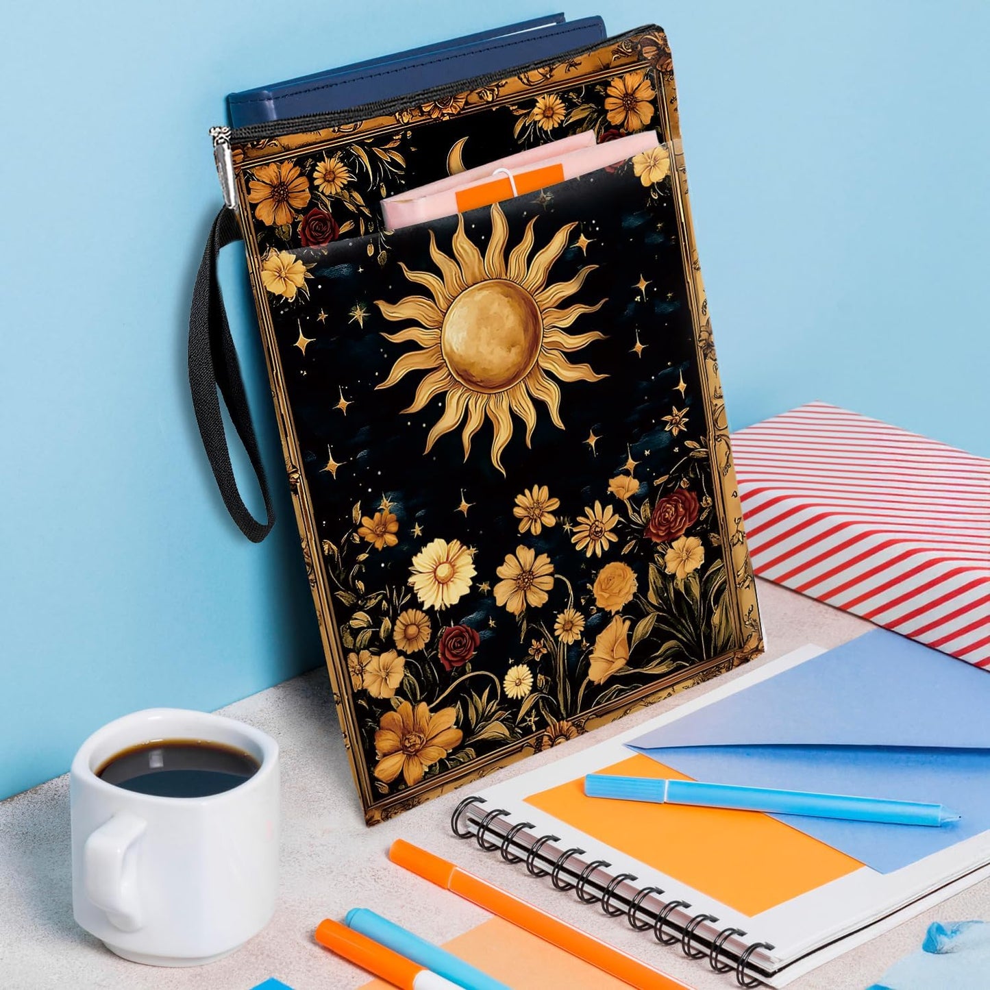 Mystic Sun and Moon Tarot Book Cover, Waterproof Book Sleeve with Zippered Front Pocket Retro Flowers Book Pouch for Book Lovers, Christmas, Birthday, Graduation Gifts (Flower&Moon, Large)