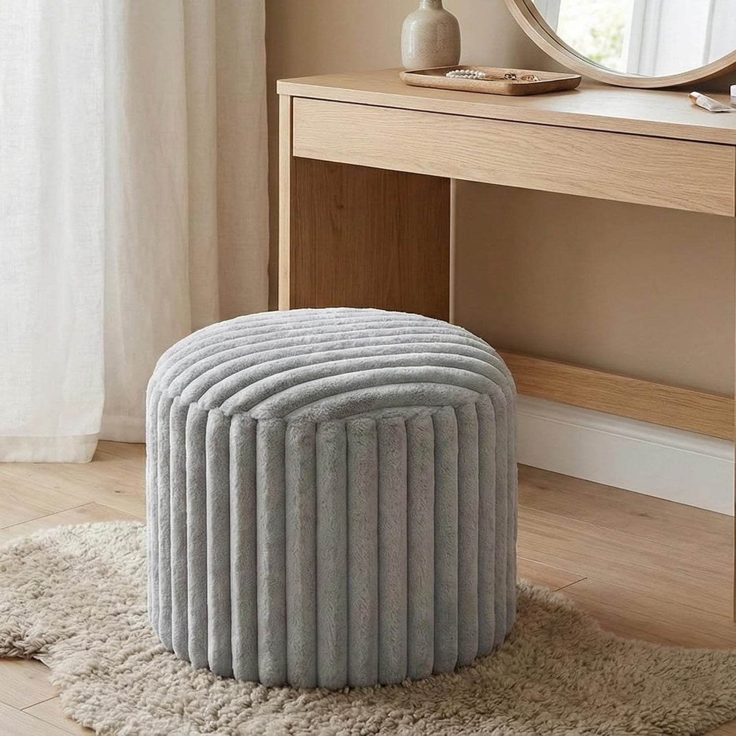 Round Stuffed Pouf Ottoman, Stripe Faux Fur Footrest with Dual Layer Comfort, Removable Washable Cover, 20" Plush Floor Pouf for Living Room Bedroom Dorm Vanity Chair Under Desk, Gray