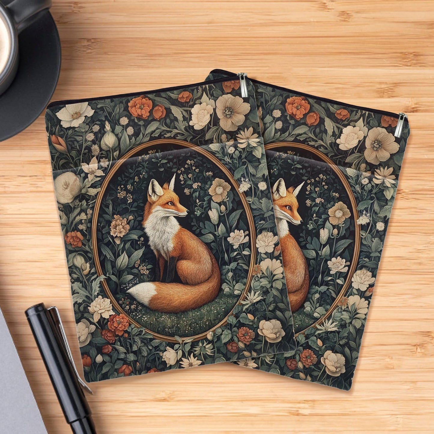 Vintage Flower Fox William Morris Book Sleeve for Book Lovers, Bookish Book Protector with Zipper, Washable Fabric Book Cover for Paperbacks & Hardcovers,11.4 x 9.1Inches (White Flower-Fox, Medium)