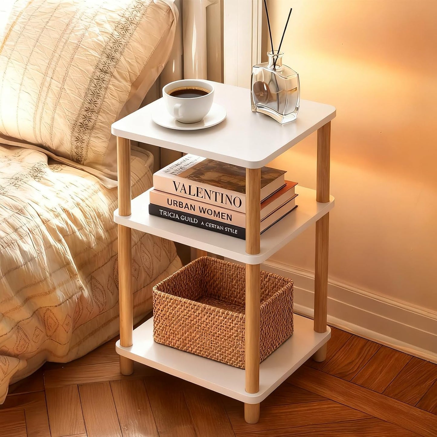 YGYQZ 3 Tier End Table，Tall Side Table with Solid Wood Legs，Small Bedside Table with Storage Shelf，Nightstand for Small Spaces，Living Room,Bedroom，29 in Hight,No Tool Installation,White+Natural