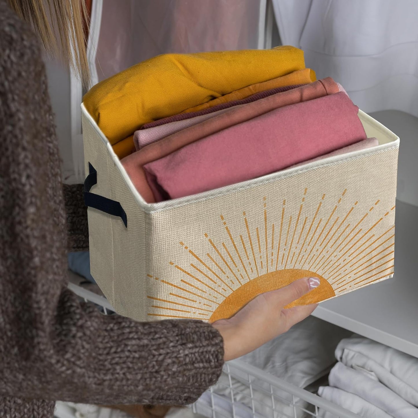 Knibeo Boho Sunshine Fabric Storage Bins for Shelves Closet, Abstract Mid Century Modern Boho Sun Sunrise Minimalist Collapsible Cube Baskets Organizer for Clothes Books Toys