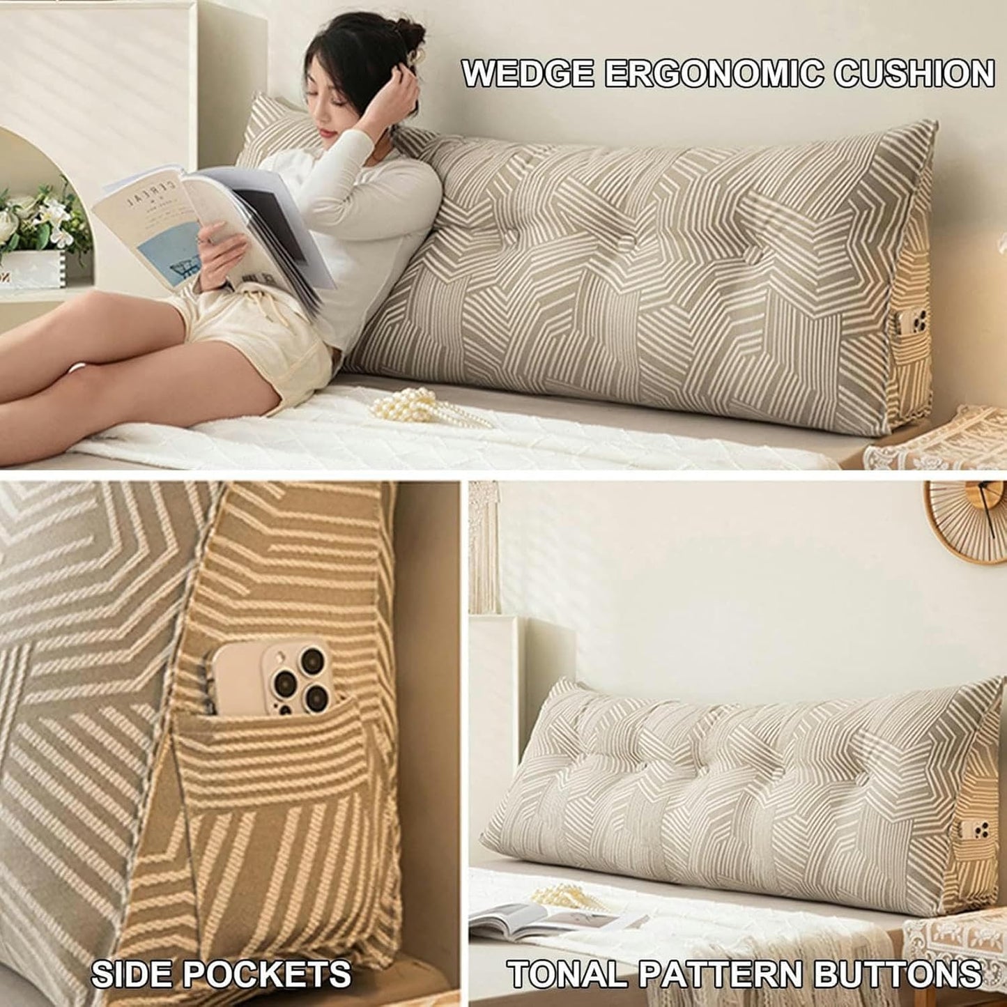 Wedge Headboard Pillow, Bed/Sofa Wedge Reading Pillow, Queen Throw Pillow/Bedside Cushion, Queen Back Wedge Pillow with Side Pockets and Removable Coverfor Sitting in Bed Backrest Positioning Support
