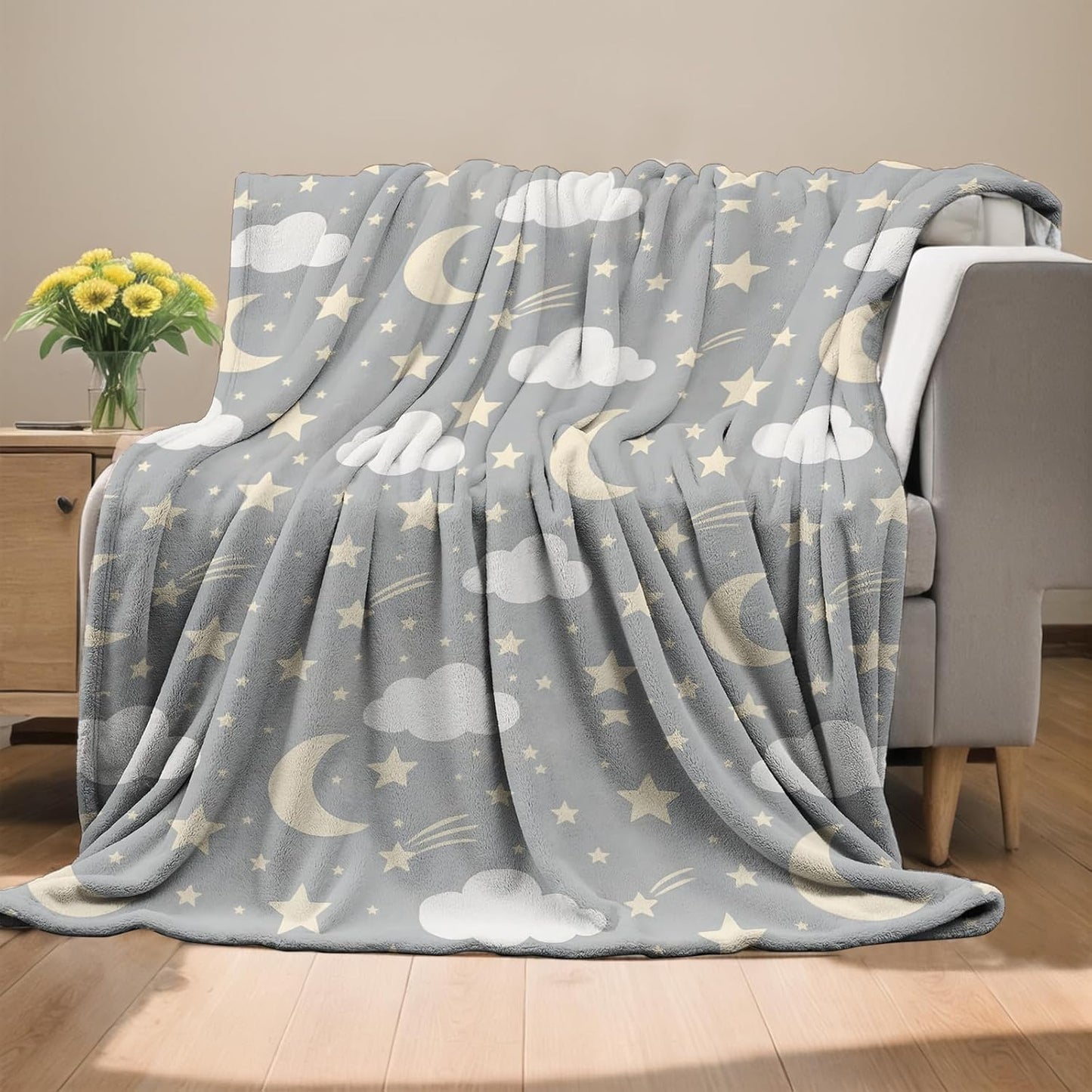 Moon, Stars & Clouds Blanket, Flannel Throw Blanket Soft Cozy Lightweight Blankets for Adults Women Kids Home Decor for Sofa Couch Bed 60x50 Inch