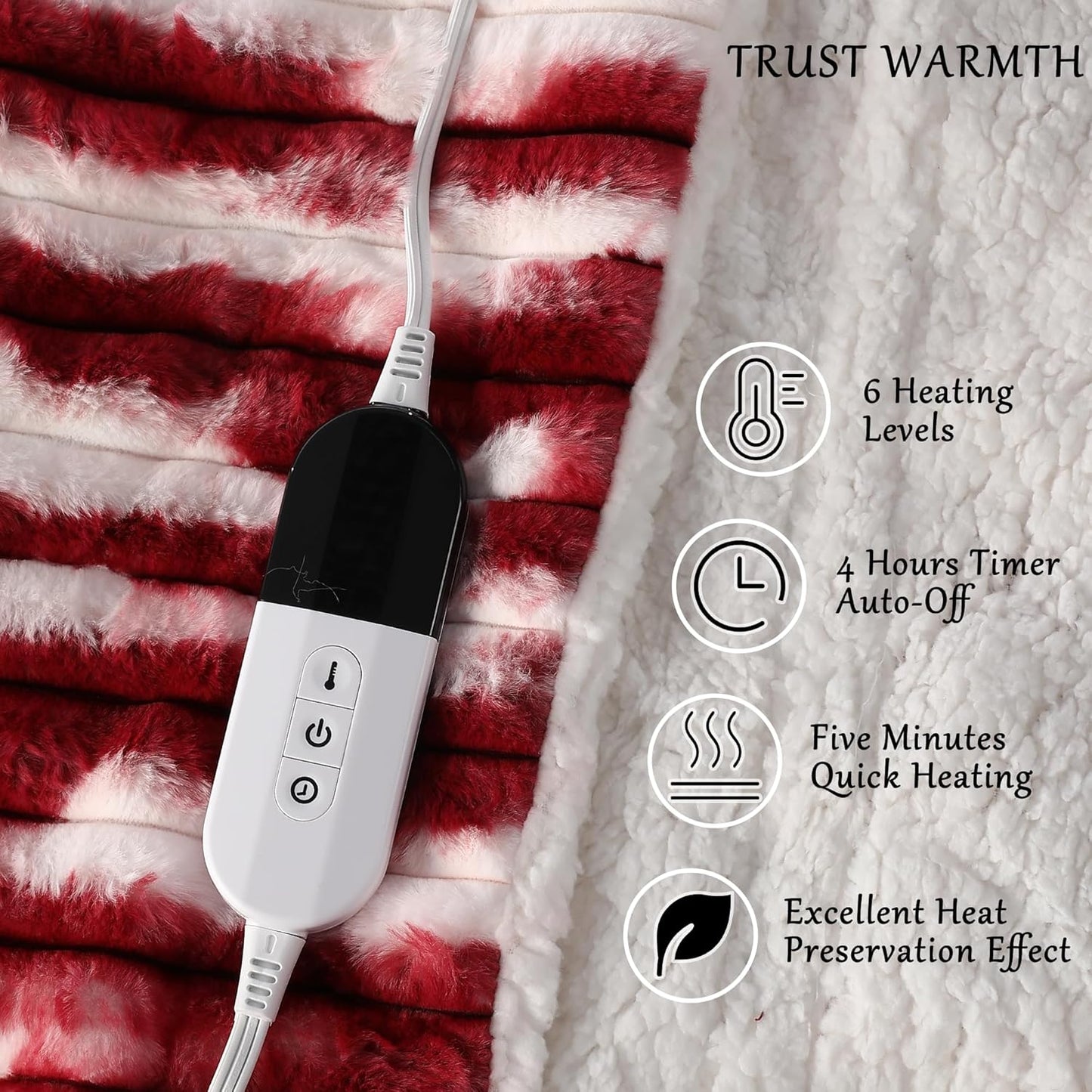 Electric Blanket Heated Throw Blanket, Super Soft Flannel & Sherpa Electric Throw Blanket with 6 Fast Heating Levels, 4 Hours Auto Off & OverHeat Protection, Machine Washable, 50'' X 60'', Red