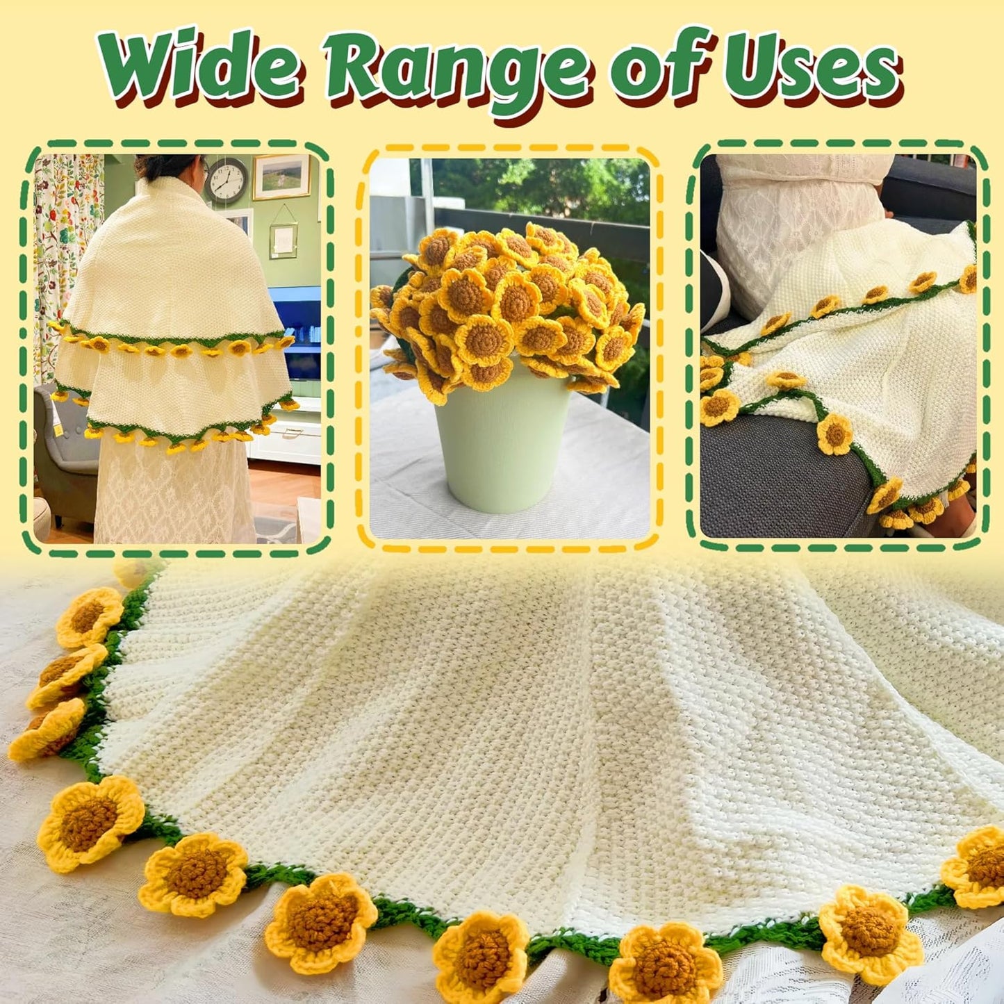 Crochet Flower Bouquet Blanket for Women-Handmade Crochet Sunflower Bouquet Blanket,Soft and Lightweight Knitted Throw Blankets, Gifts for Birthday Christmas Valentine’s Day(31in)