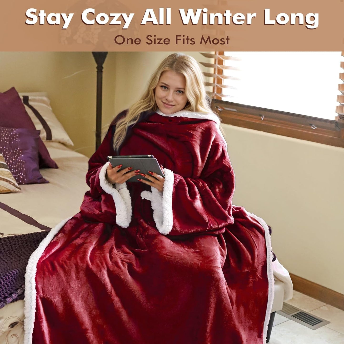 Tirrinia Sherpa Wearable Blanket With Sleeves, Full Body Throw Reading Wrap TV Blankets