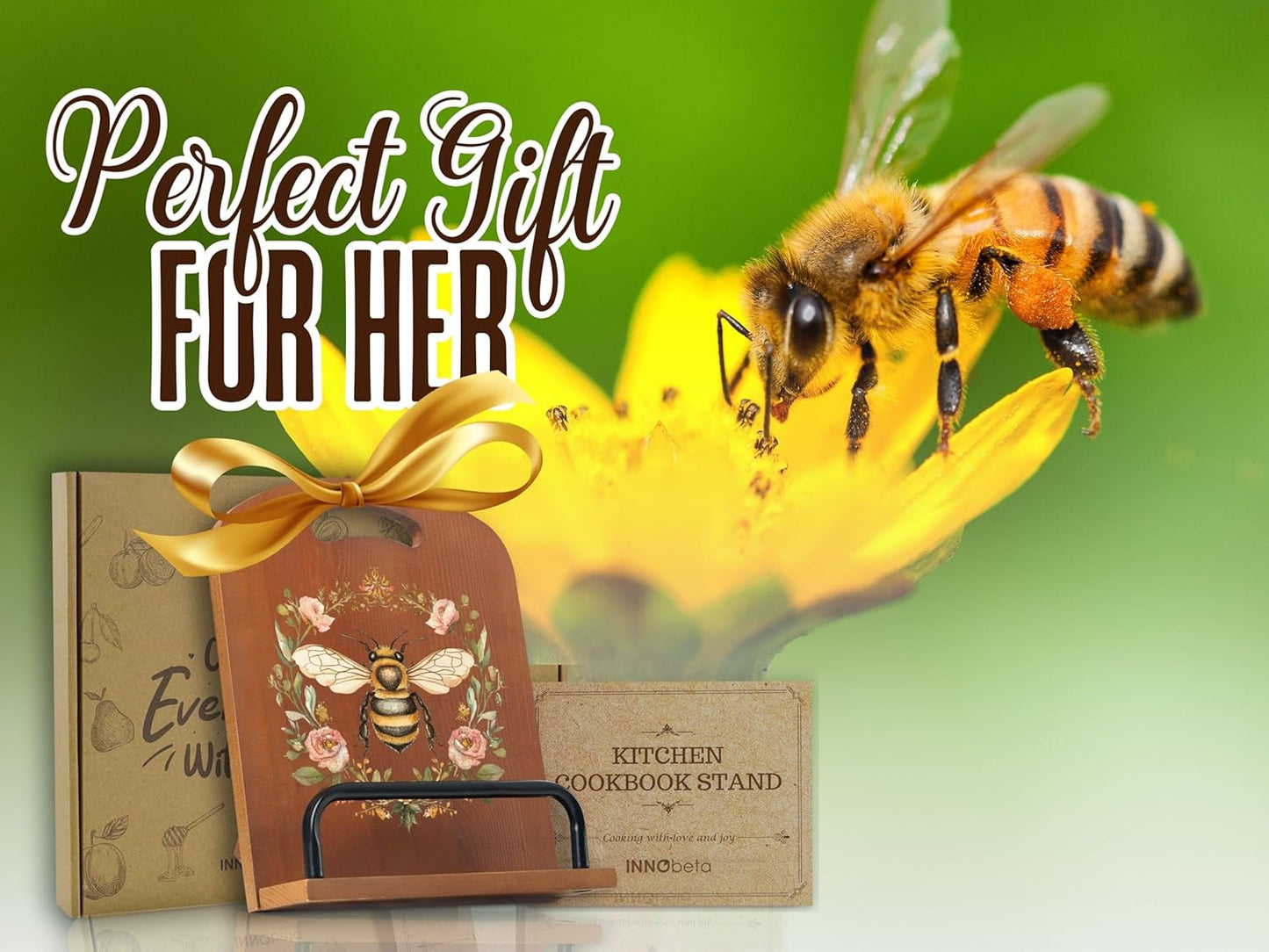 InnoBeta Bee Gifts for Women, Cookbook Stand for Kitchen Counter, Perfect Gifts for Bee Lovers on Birthday, Adjustable Tablet Recipe Book Holder, Unique Kitchen & Home Decor