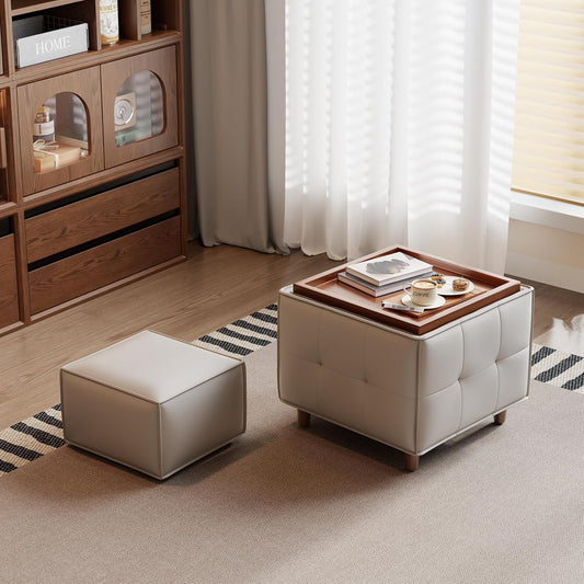 Square Ottoman with Storage Set of 2, Leather Coffee Table Ottoman, Multifunctional Foot Rest Stool with Storage for Living Room & Bedroom