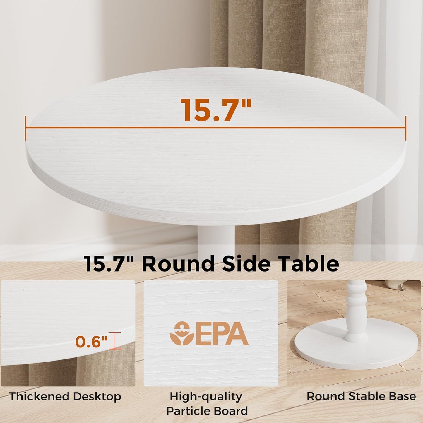 16" Round Side Tables Set of 2, Solid Wood Pillar with Wood Top & Base, Small Drink Accent Table for Living Room, Bedroom, Sofa & Office, Easy Assembly, White