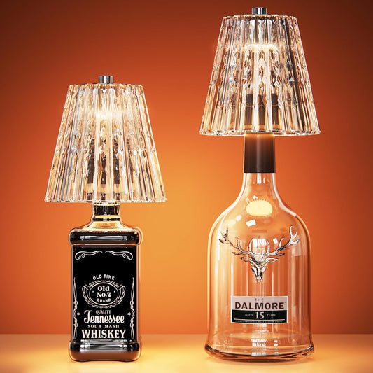 Wireless Bottle Lamp USB Rechargeable with Crystal Lampshade, 3-Color Touch Control Bottle Light Smooth Dimming, Wine Bottle Lamp for Bar Décor, Home, Kitchen & Party Lighting, 2-Pack