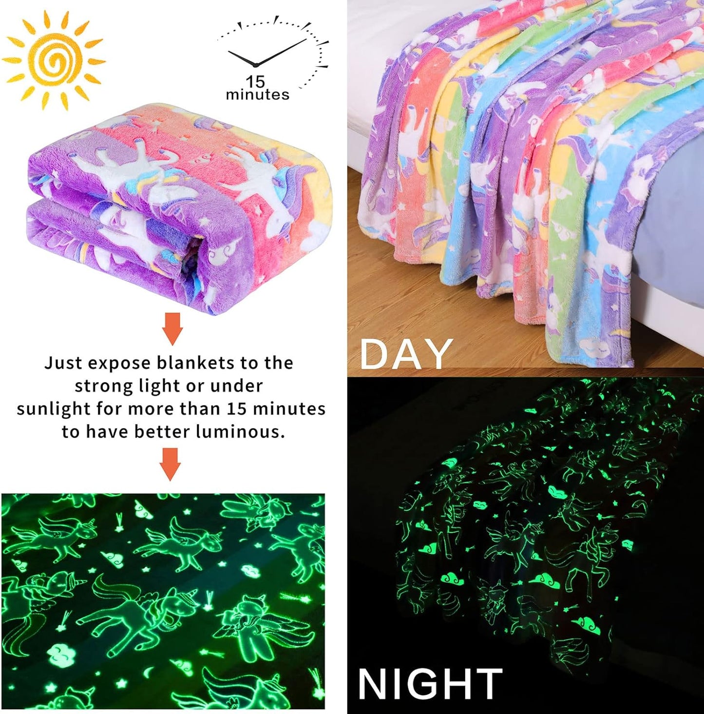 Glow in The Dark Blanket Unicorns Gifts for Girls Birthday Gift Halloween Super Cute Soft Cozy Rainbow Unicorn Star Flannel Luminous Magic Throw Thanksgiving Decor 50"x60"