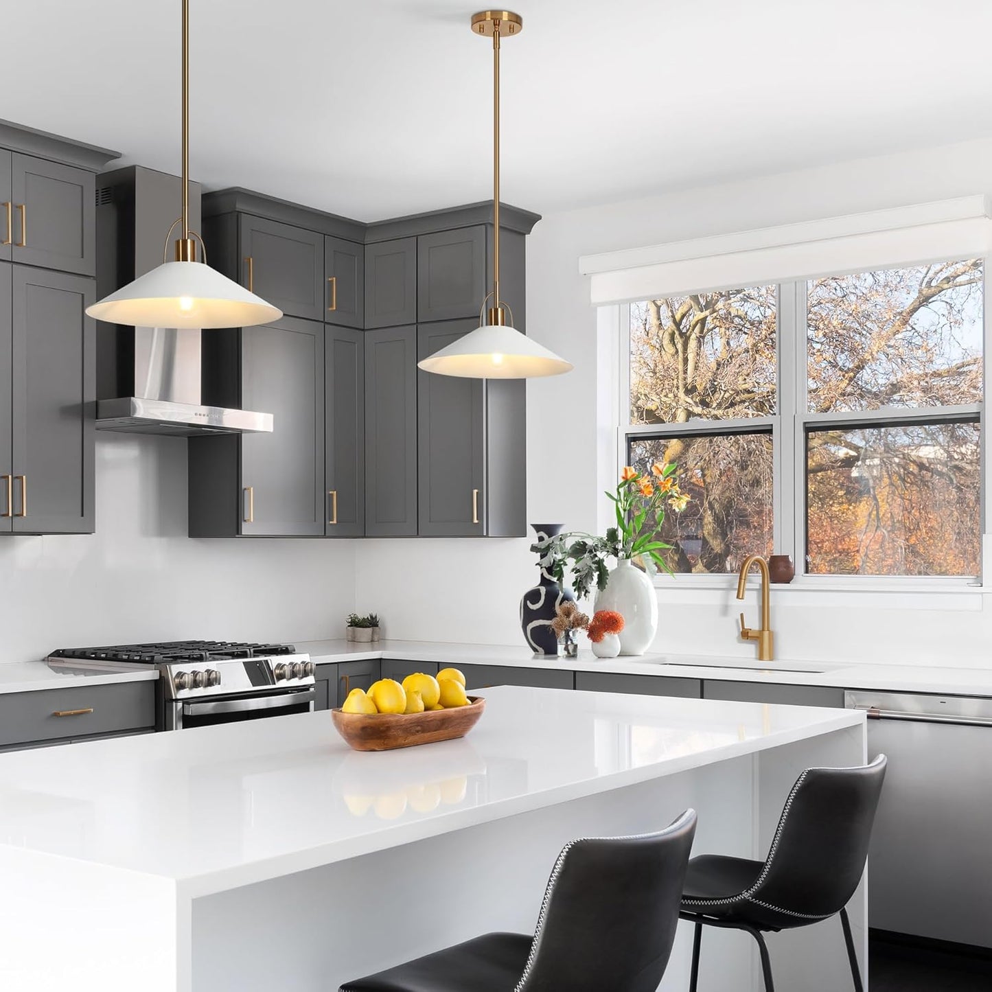 classy leaves Pendant Lights Kitchen Island, 14-Inch Gold and White Metal Pendant Light Fixtures, Modern Kitchen Pendant Lighting Over Island