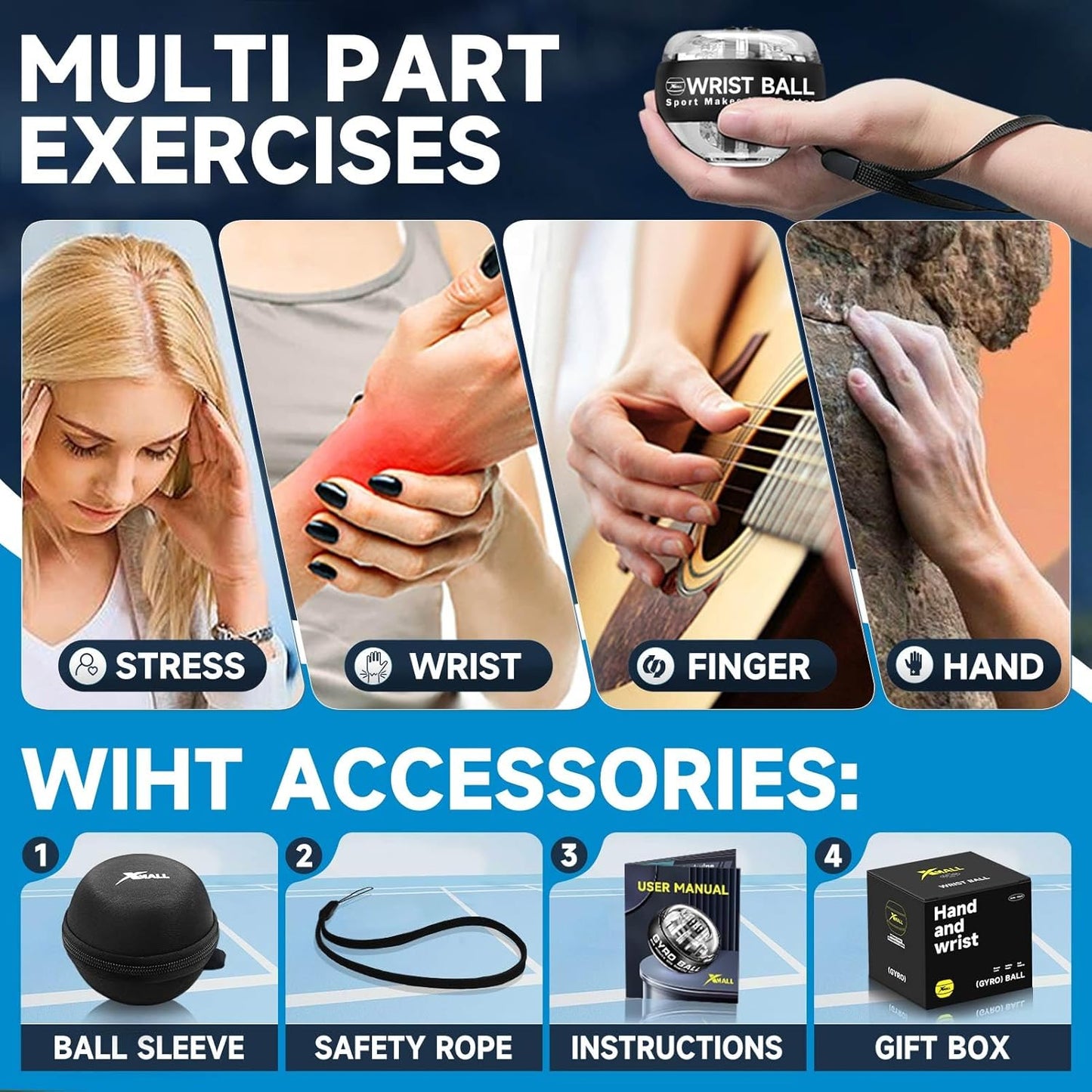 XMALL Torque Ball Hand Exerciser, Grip Strength Trainer, Auto-Start Colorful Lighting, Forearm Strengthener, Hand Strengthening Devices, Wrist Power Gyro Ball, Wrist Strengthener, Finger Exerciser